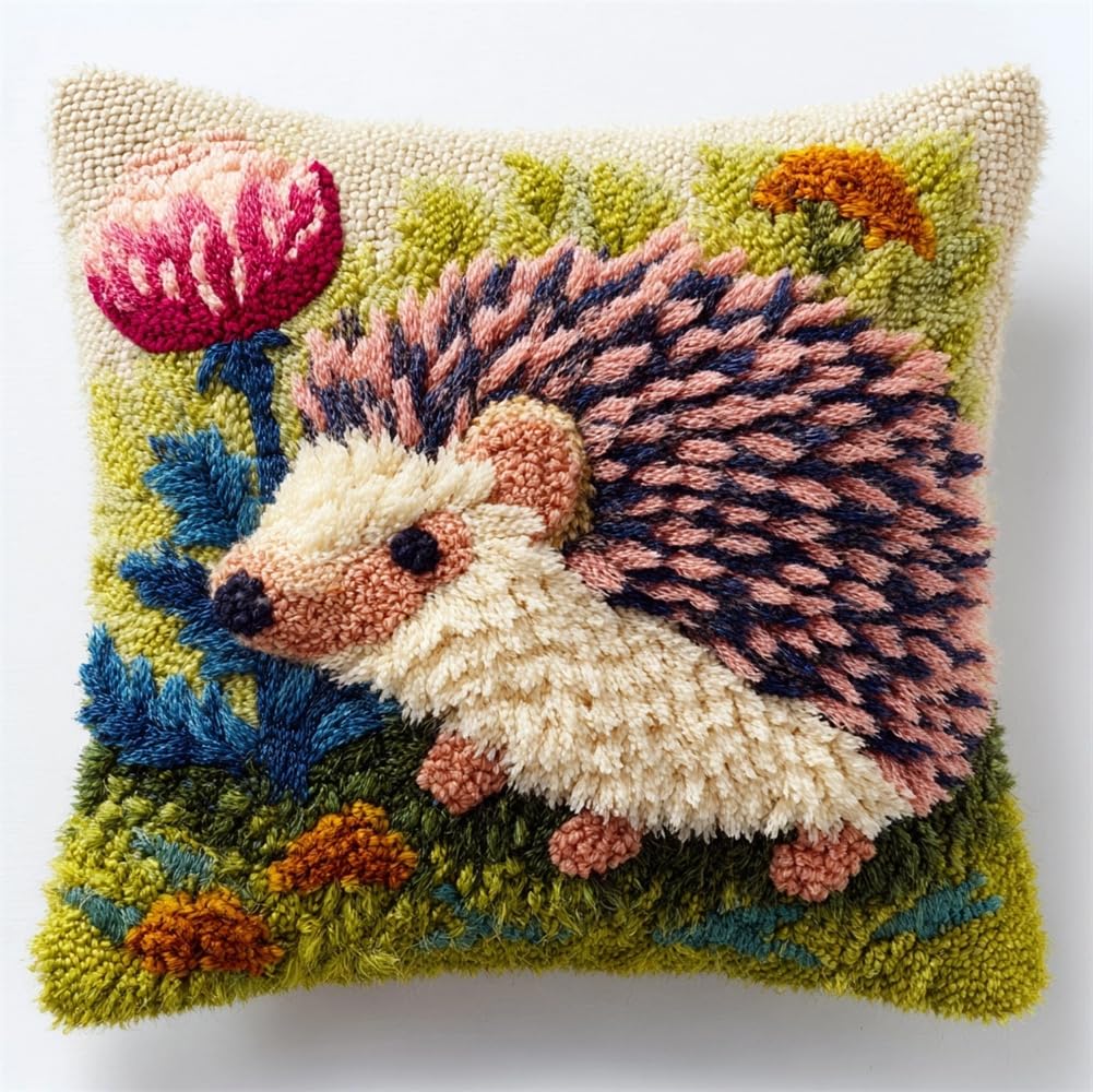 kitphoenix Latch Hook Kits, Latch Hook Kit for Beginners Hedgehog and A Flower Throw Pillow Cover Pattern Printed Sofa Cushion Crochet Needle for Carpet Embroidery 17X17Inch
