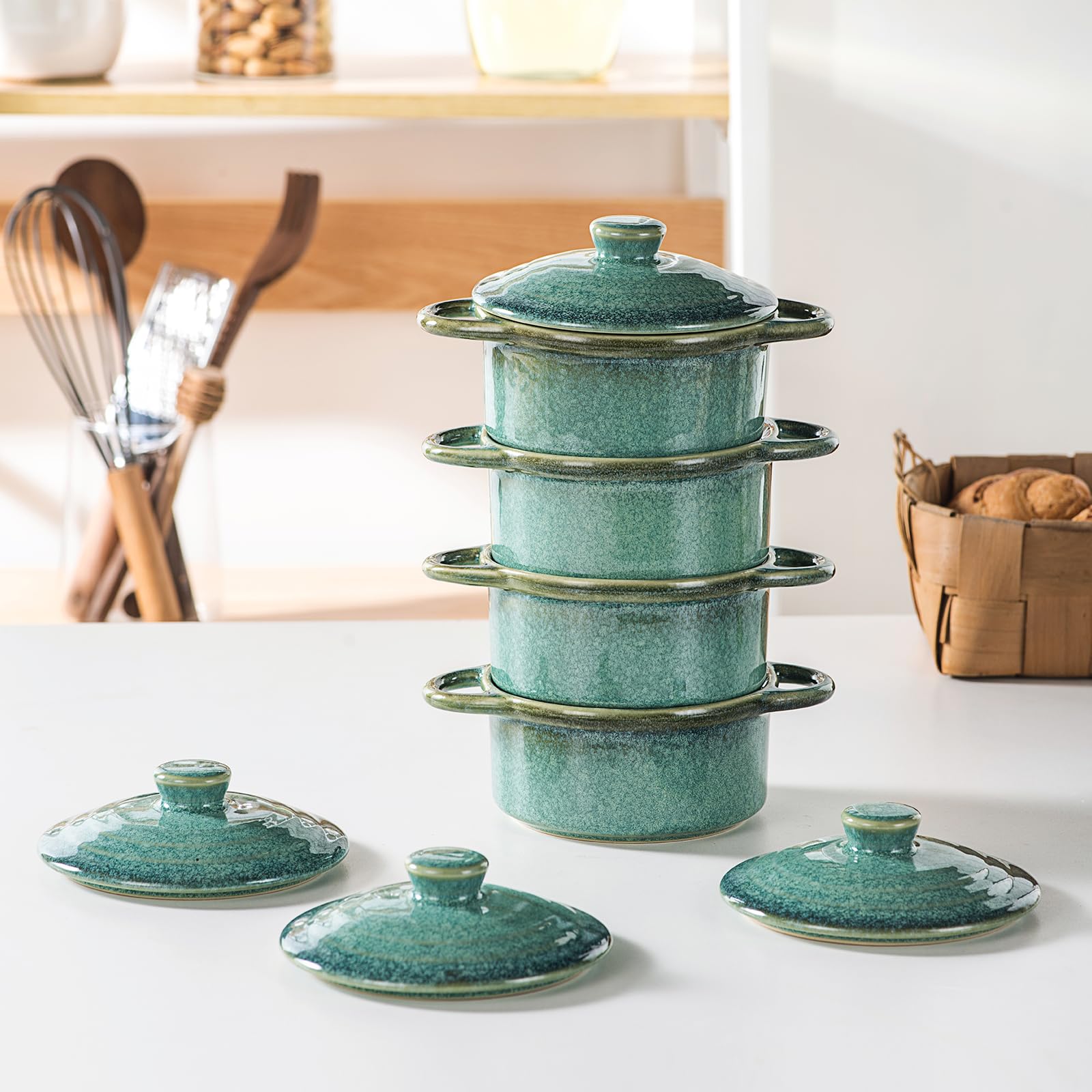 HENXFEN LEAD Cazuela de cerámica, 350 ml, mini ramequines de soufflé de cocottes con tapas y asas, juego de 4 moldes pequeños para hornear, color verde brillante
