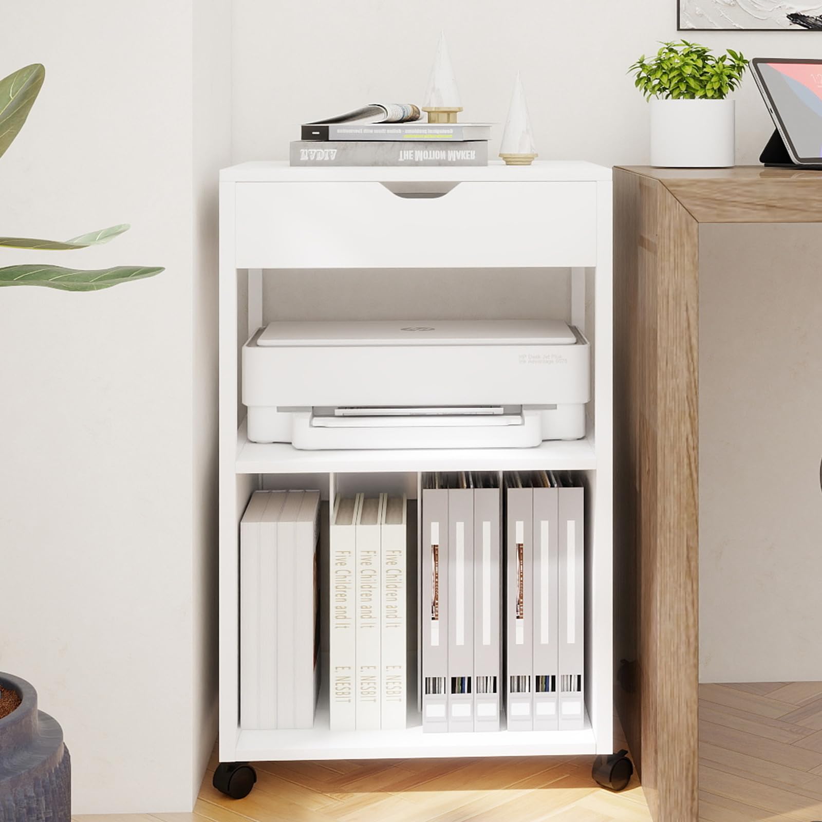 PUNCIA Mueble para Impresora con Ruedas Soporte Rodante de Almacenamiento | Mesa Auxiliar con Cajón y Estantes Abiertos Estantería para discos Carrito Organizador para Oficina y Hogar Blanco