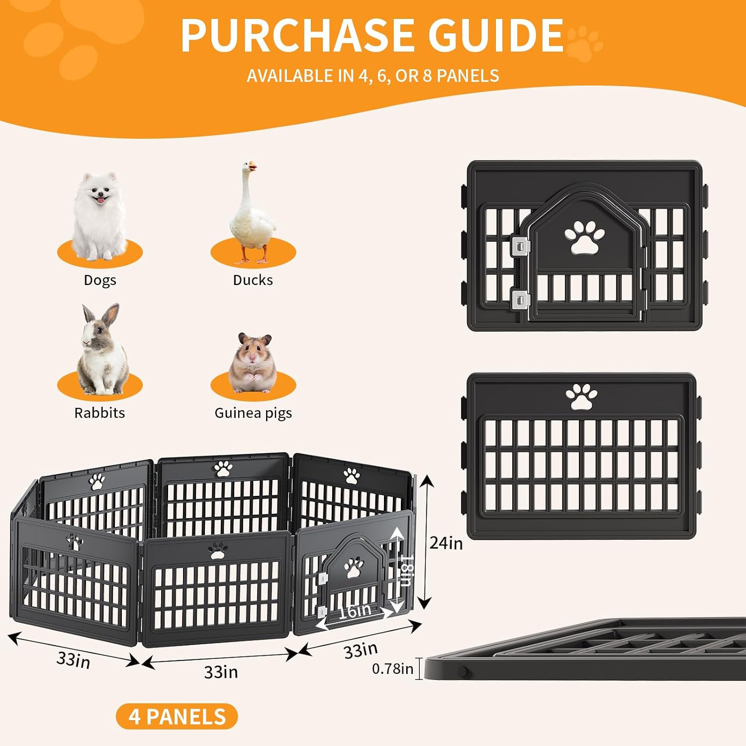 Dog Playpen 8 Panel, Puppy Playpen for Small Puppy, Small Dog Fence Indoor, Plastic Enclosure with Decorative Claw Print & Roof Style Gate, Secure Lock, Ideal for Cats, Rabbits, Black thumbnail