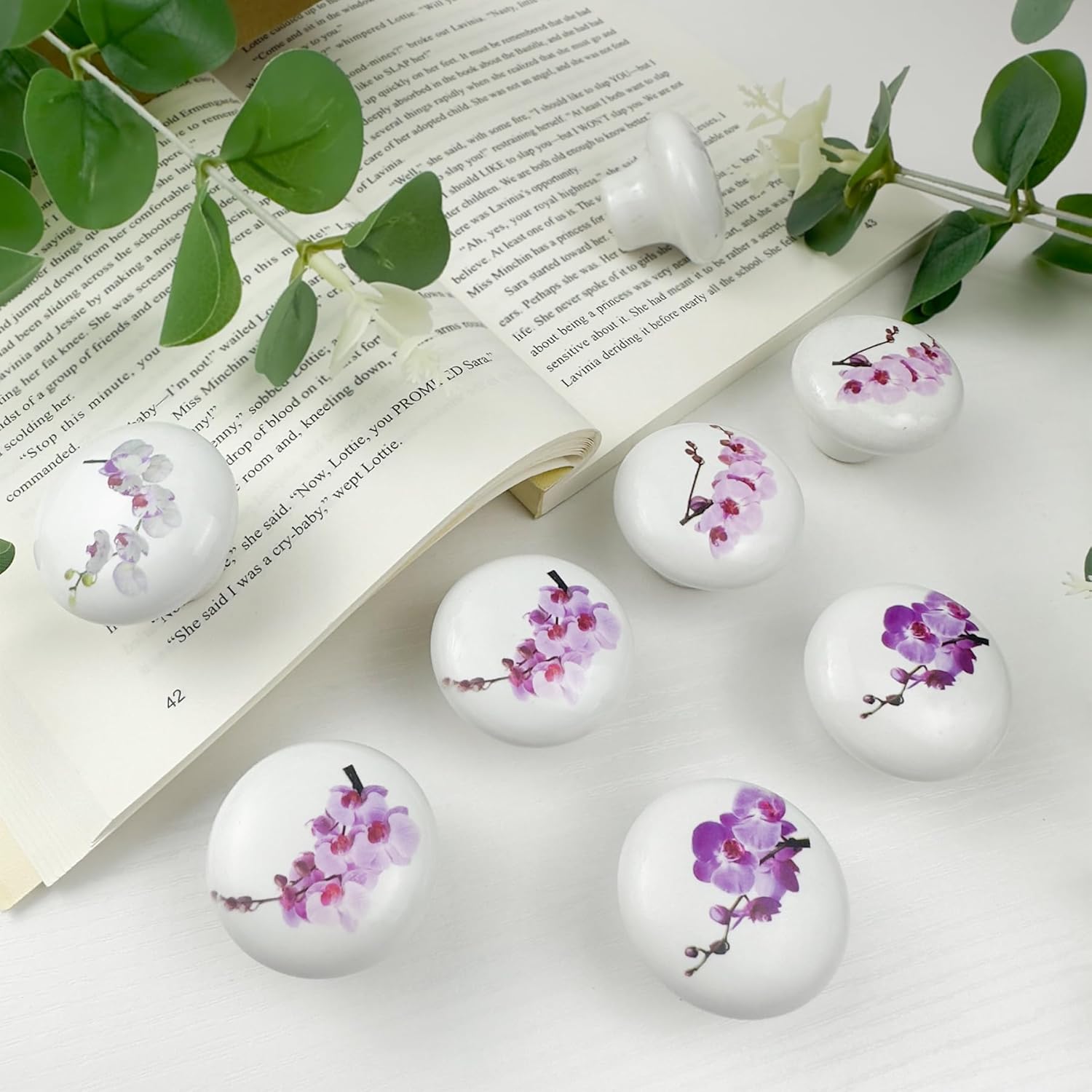 8 Pack 1.5" Flower Ceramic Cabinet Knob Unique Vintage Kitchen Door Dresser Drawer Pulls and Knobs