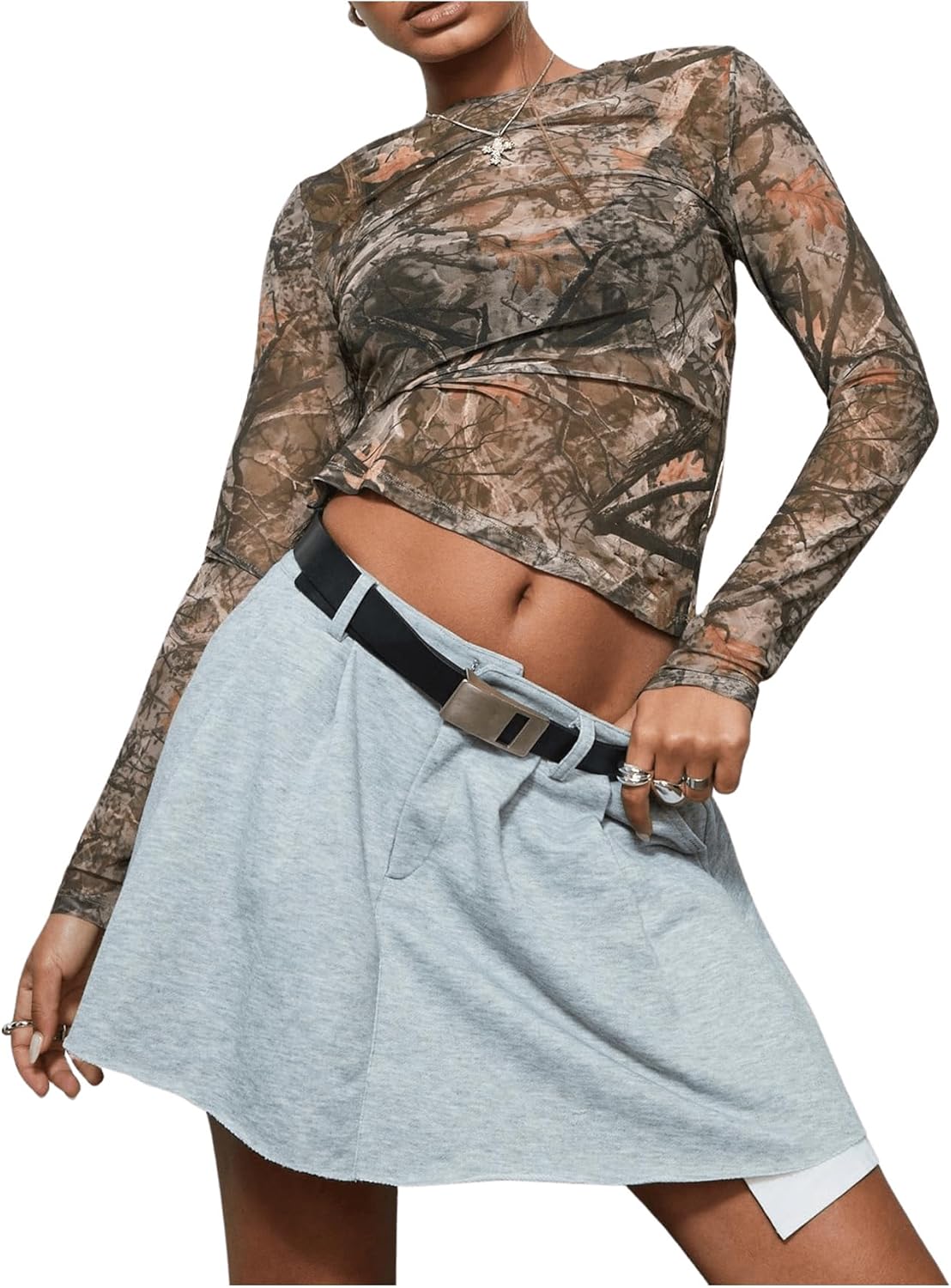 Women's Y2k Camo Print Crew Neck Crop Top Mesh Sheer Long Sleeve Fitted Tee Shirts