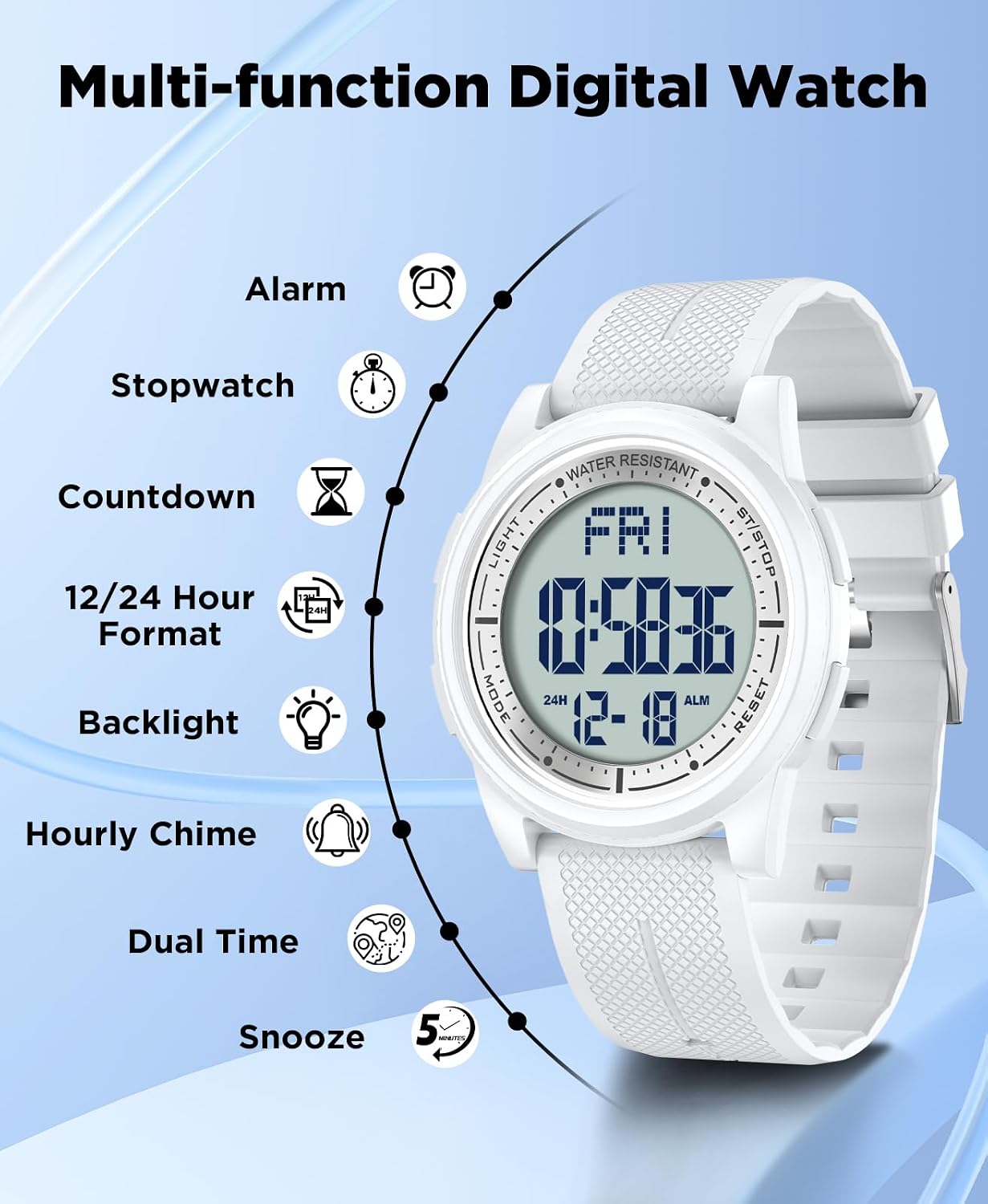 Beeasy Digital Watch for Men Women, 50M Waterproof, Ultra-Thin & Lightweight, 44mm Silicone Sports Watch with Alarm, Stopwatch, Countdown, Ideal for Gym, Running, School, Daily Wear