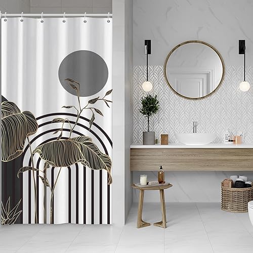 ChloropLastid Cortina de ducha abstracta de mediados de siglo, moderna, minimalista, línea de cara, hojas geométricas de plantas, 72 x 72 pulgadas,