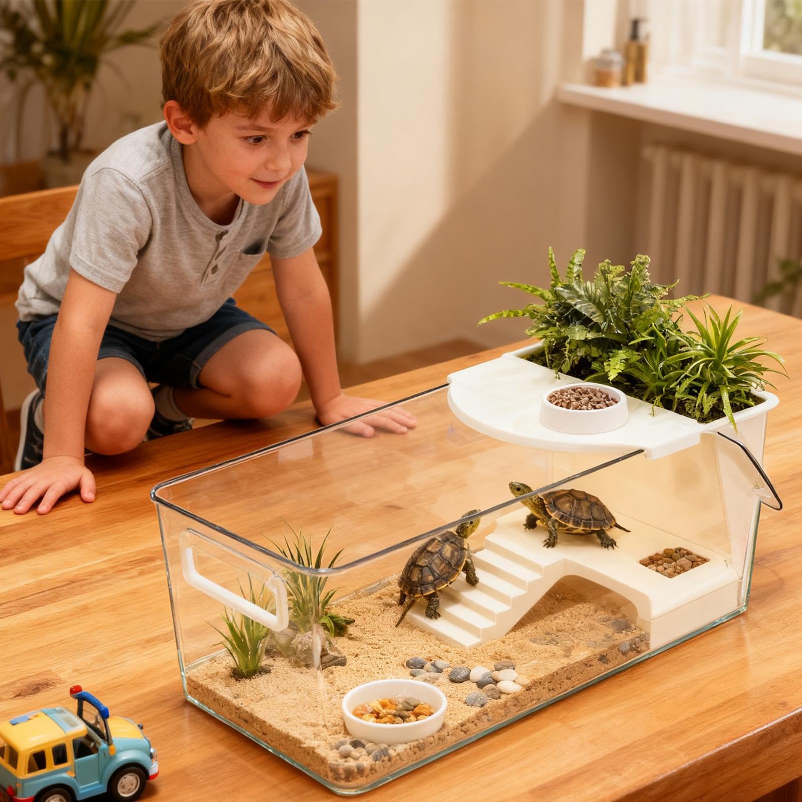 Acuario Grande para Tortugas,Terrario Grande con Plataforma para Tomar El Sol | De Terrario Acuático para Alimentación De Tortugas,para Ranas Cangrejos Animales Pequeños y Entusiastas del