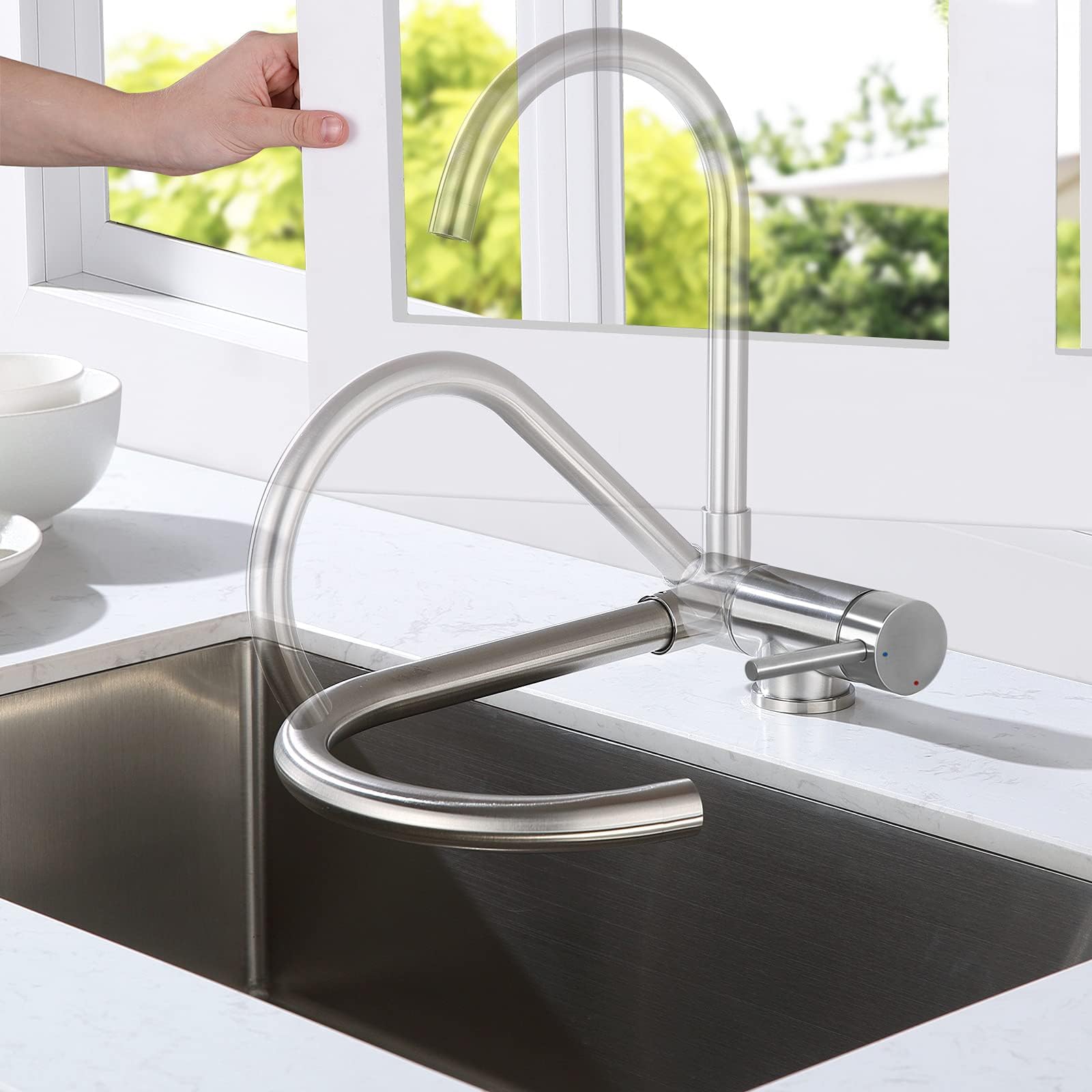 CECIPA Grifo Cocina Abatible 180°, Grifo Cocina Plegable Ventana Con 2 Modos De Agua, Grifo