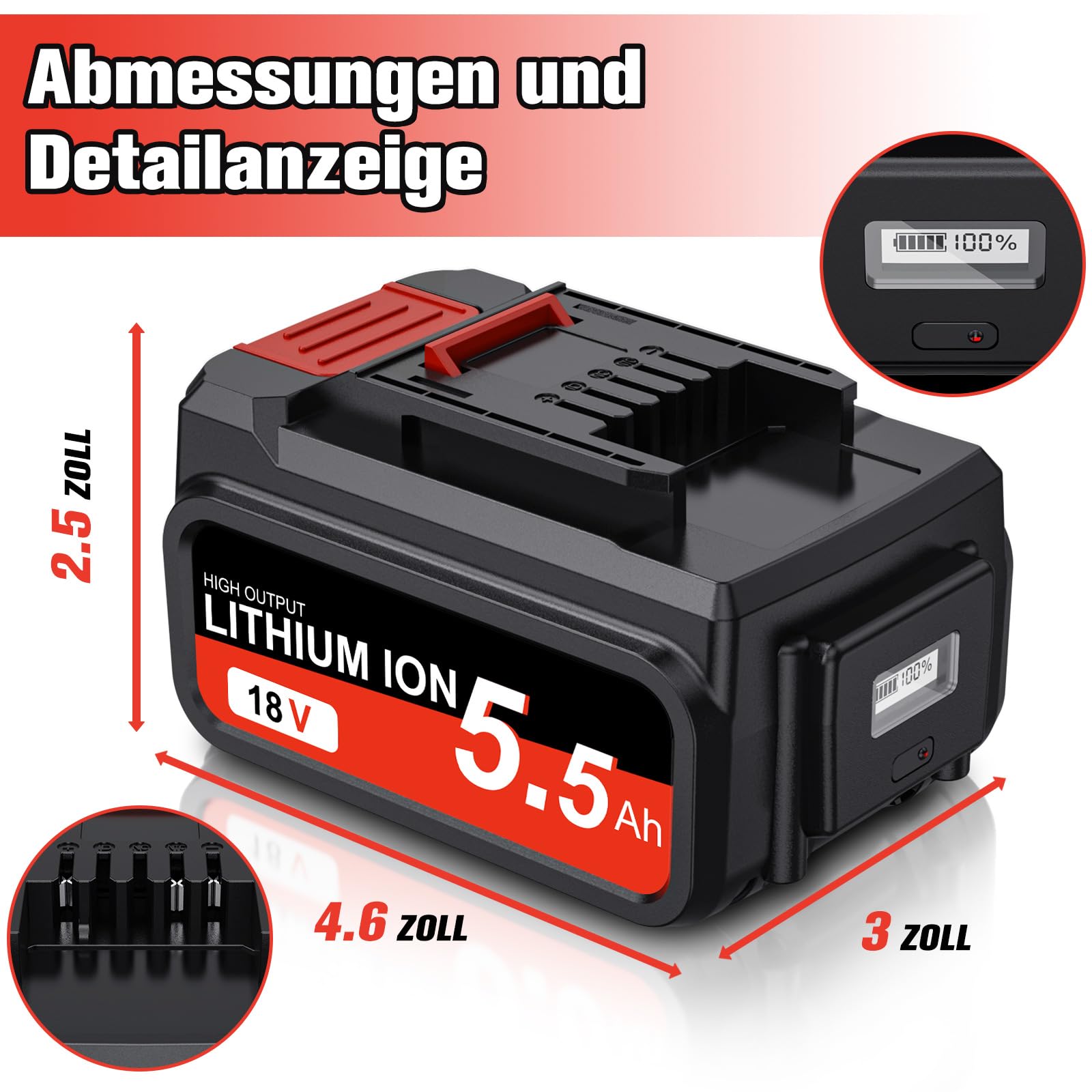 2 Stück 5.5Ah 18V Ersatz akku für Einhell Akku für Power X-Change Geräte, Li-Ion 18V mit LED-Leistungsanzeige Kompatibel mit Allen PXC-Geräten