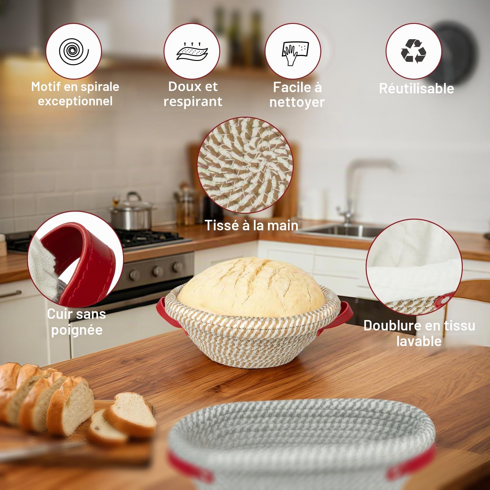 Ensemble de Bannetons pour Pain au Levain, Banetton à pain de Rond (24 cm) et Ovale (28 cm) avec Housses en Toile, Tapis de Cuisson Silicone, Panier a pain pour Débutants et Boulanger