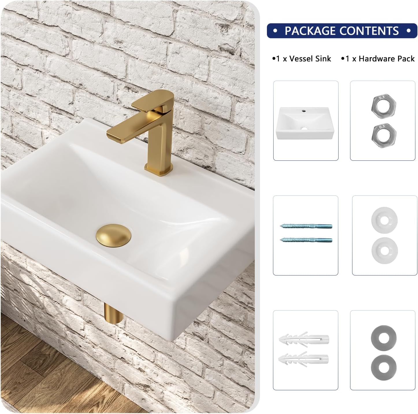 DeerValley 18x12 Inch Wall Mounted Bathroom Sink, White Ceramic Rectangular Vessel Sink with Faucet Hole, Art Sink, DV-1WS0128
