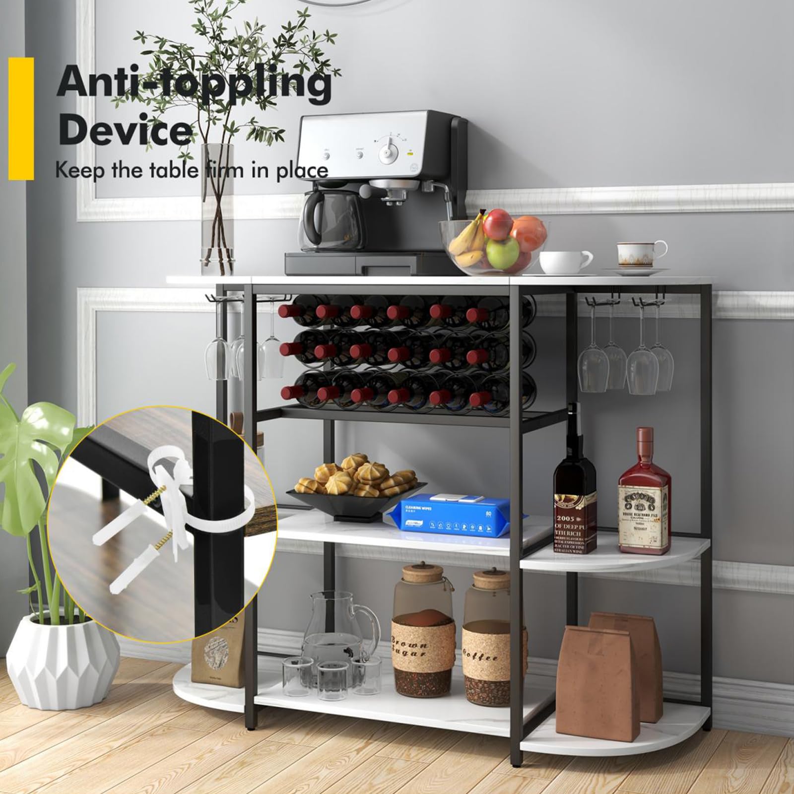 KOMFOTTEU Scaffale per vino a 4 livelli, per 13 bottiglie e 4 file di portabicchieri, armadietto per bottiglie in legno, portabottiglie per cucina, bar, buffet, 102 x 40 x 87 cm