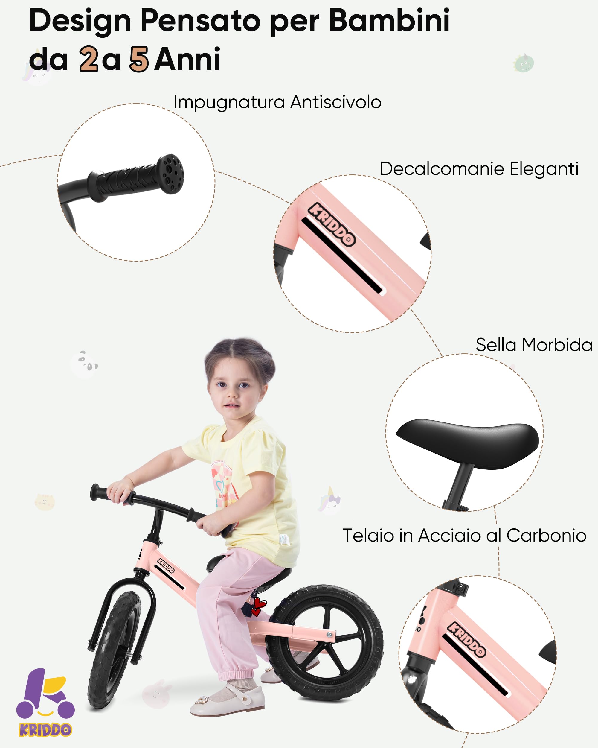 KRIDDO Bicicletta senza pedali per bambini dai 2 ai 5 anni, doppio cuscinetto per una guida più fluida, adorabile piastra, sedile e manubrio regolabili, regalo per bambini dai 2 ai 3 anni