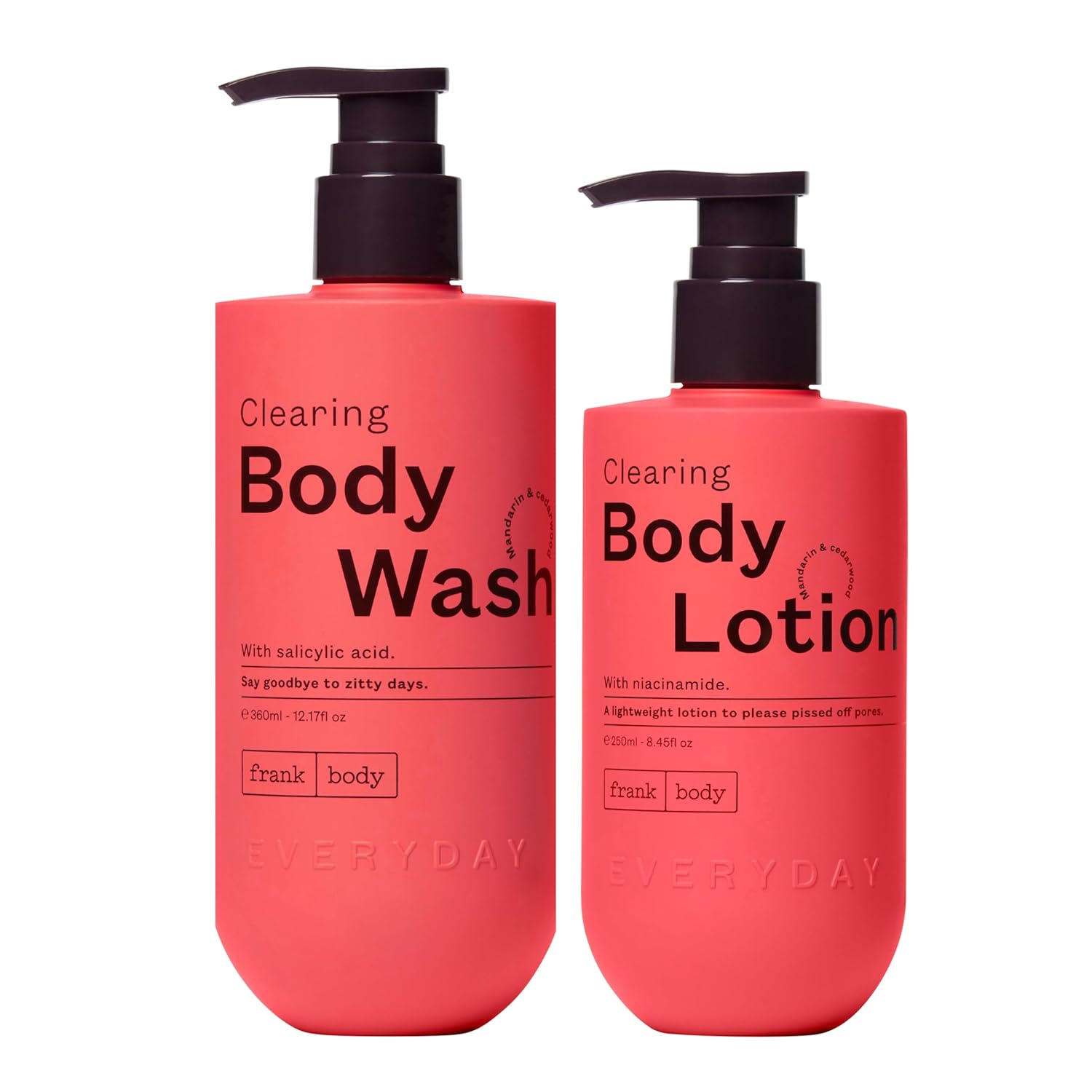 frank body Clearing Body Wash & Body Lotion Bundle | Vegan & Cruelty Free | Removes Stubborn Dead Skin, Excess Oil, Black & White Heads| Mandarin & Cedarwood Scent