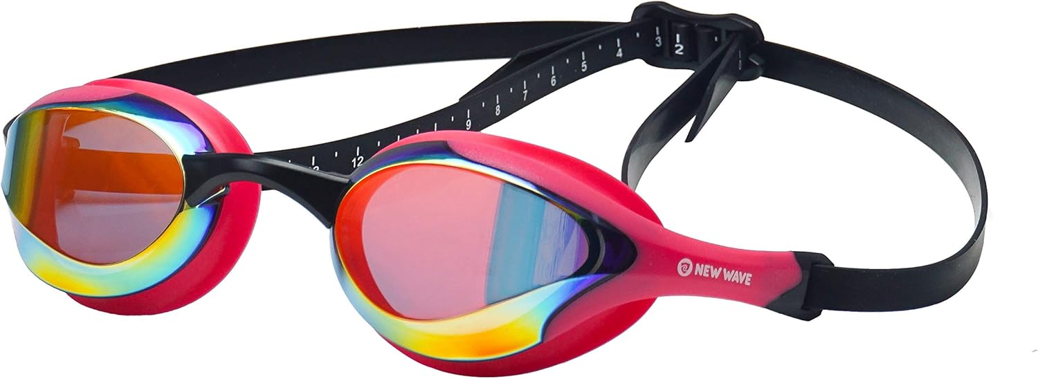 New Wave Swim Goggles with Protective Storage Case - Anti Fog Lenses, Four Nose Bridges for Triathlon & Open Water Swimming (Bubble Dreams = Revo Lens in Pink Frame)