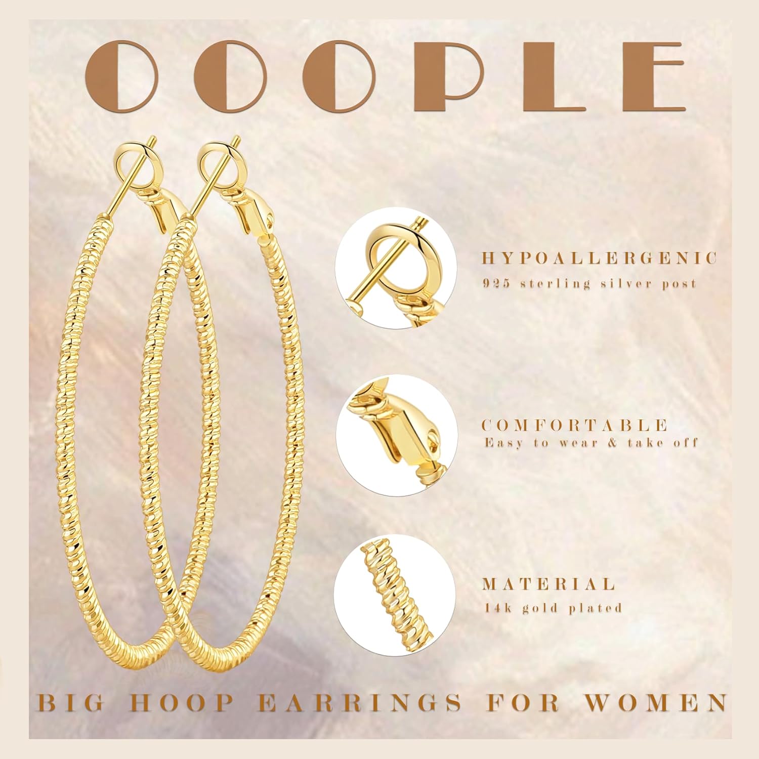 OOOPEL Gold Hoops Earrings for Women, 14k Real Gold Plated Big Earring Hoops Lightweight Earrings Hypoallergenic Large Sterling Silver Hoop Earring for Women 30MM 40MM 50MM 60MM - Image 3