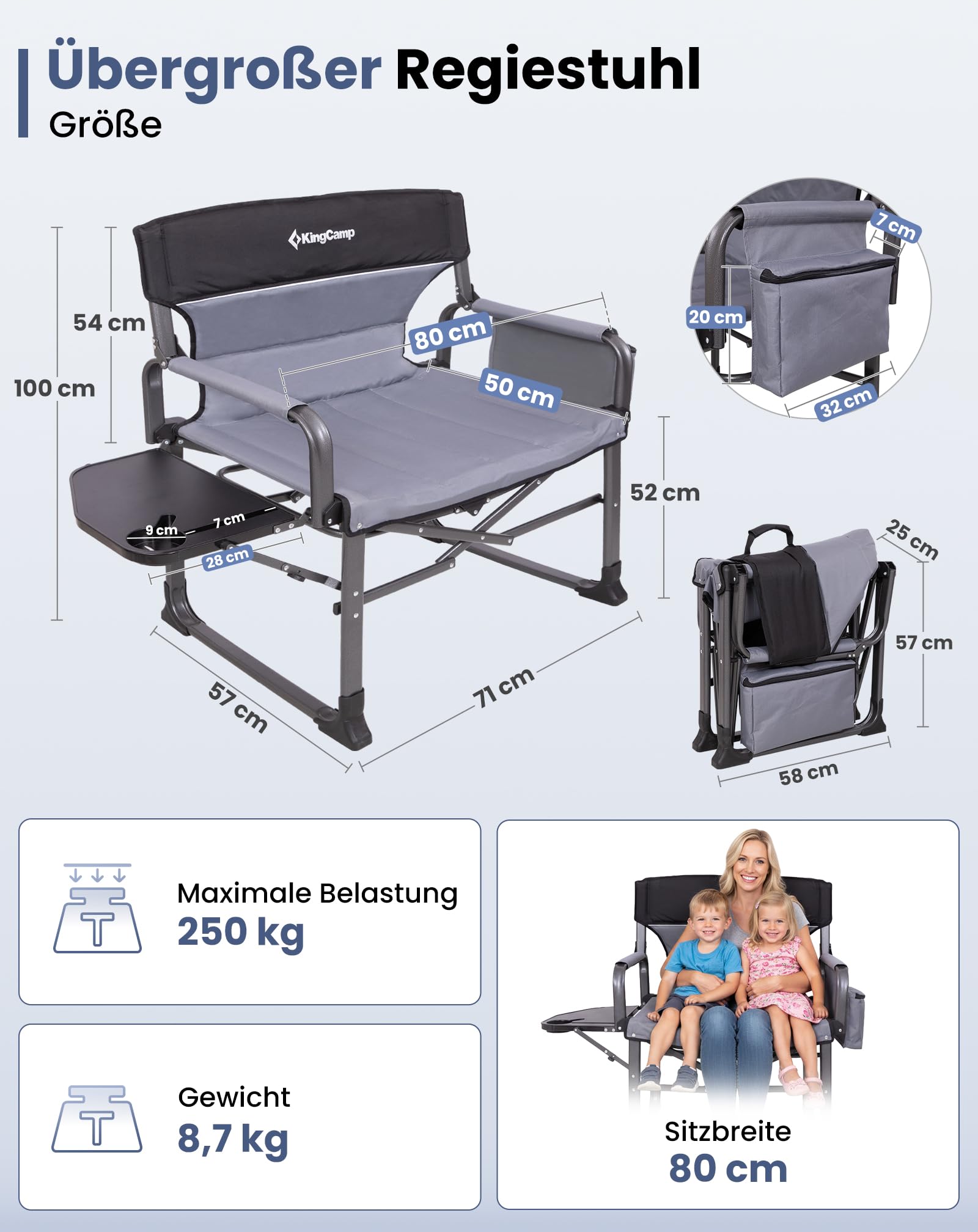 KingCamp XXL Regiestuhl Klappbar mit Extra Breit 80cm Sitzfläche bis 250 kg | Campingstuhl Faltbar mit Seitentisch & Kühltasche, Kompaktes Packmaß, Robuster Tragbarer Angelstuhl für Camping Picknick