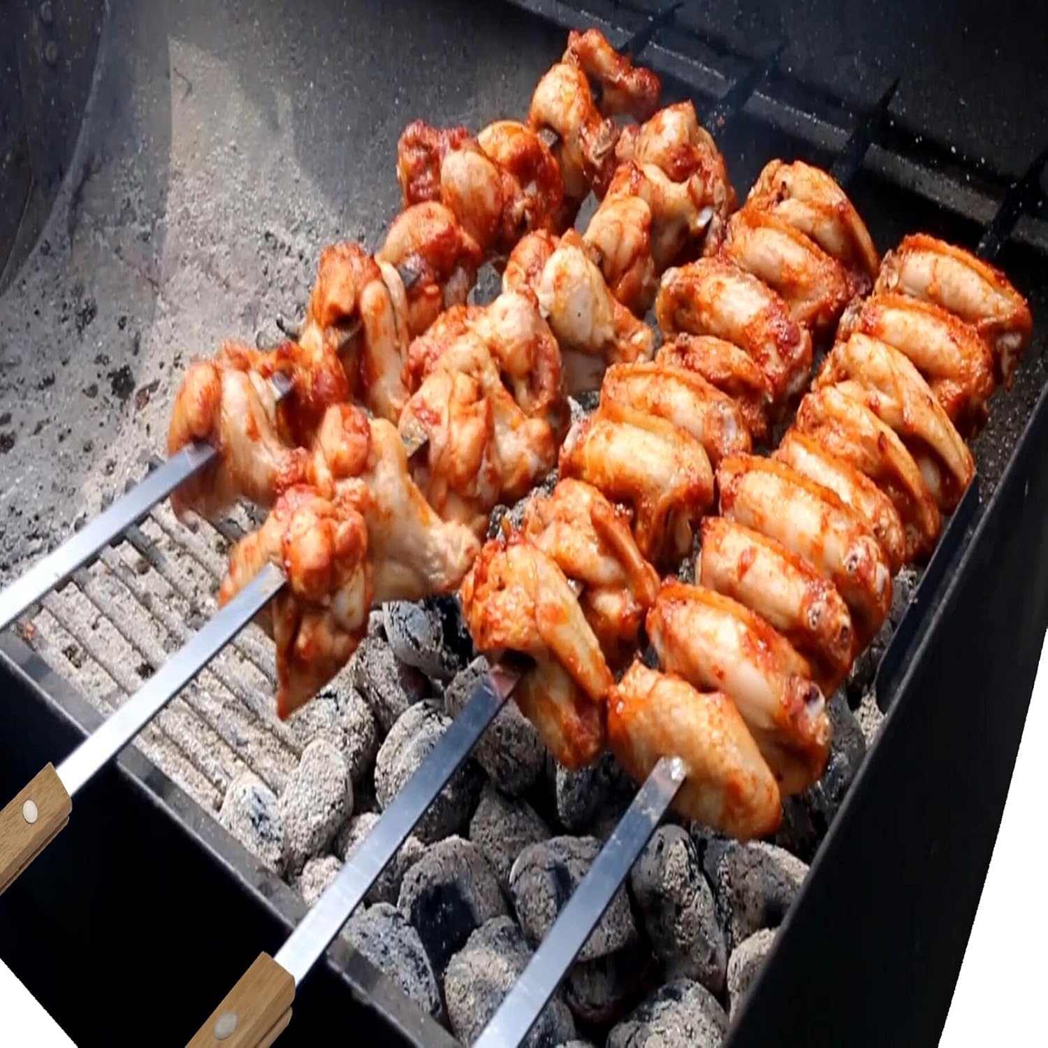 Confezione da 12 spiedini per kebab e barbecue, in acciaio inox, 50 cm, resistenti, grandi, riutilizzabili, con manico in legno antiscivolo, ideali per shish, kebab, pollo, gamberetti e verdure