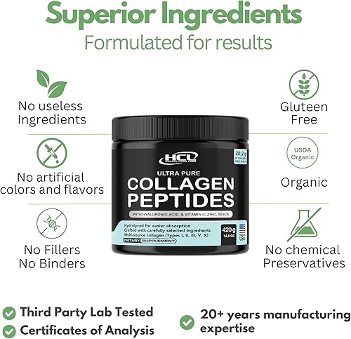 Miniatura 8 de Collagen Peptides Powder with Vitamin C & Hyaluronic Acid - Organic Cleanest Sources & Super High Absorption - Hydrolyzed Multi Type I, II, III, V,