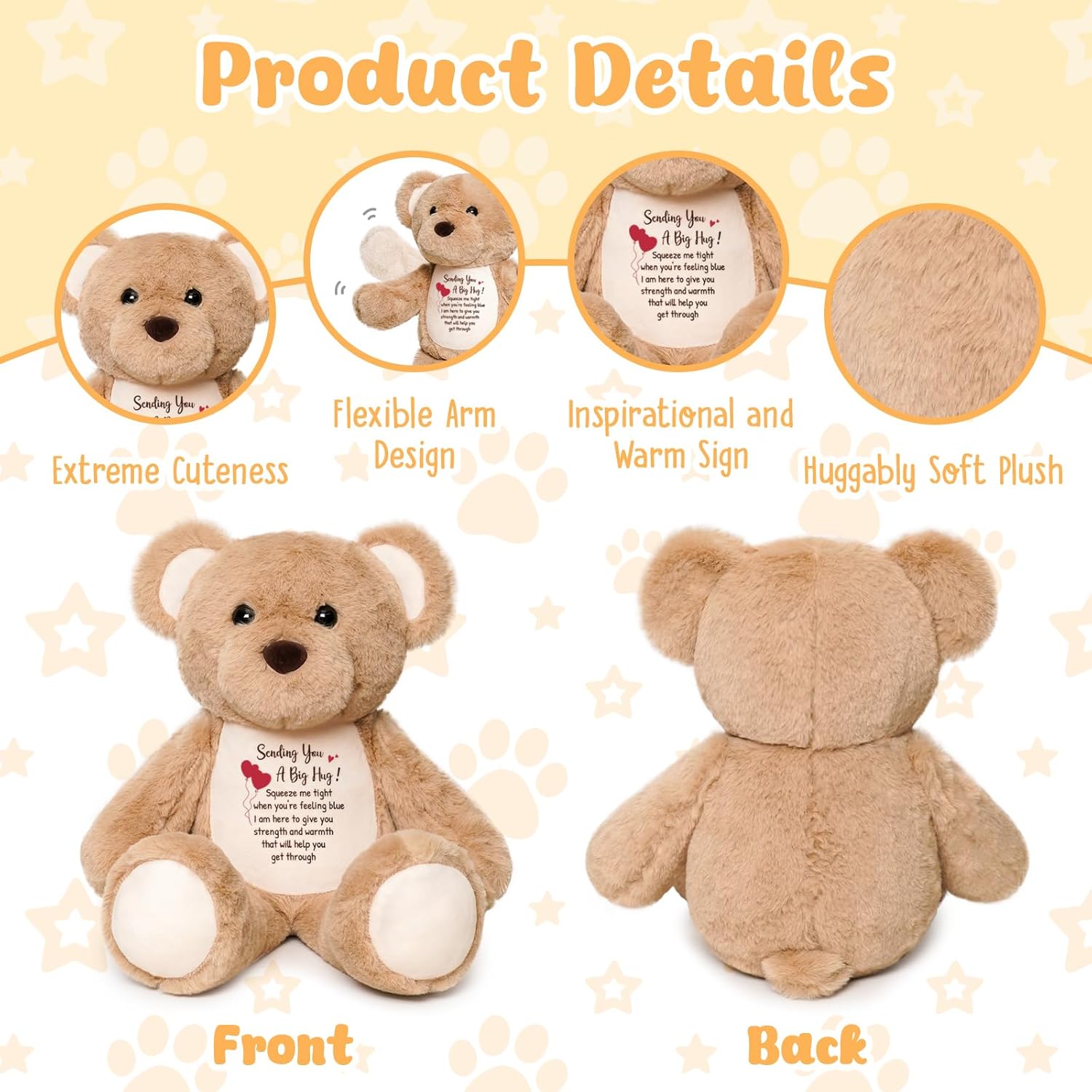 Soft Teddy Bear Plush Toy, A Big Hug Get Well Soon Comfort Bear with Sympathy Message, Emotional Support Gift for Women, Kids, Girls, Toddlers, Thinking of You Memorial Loved Present 15" - Image 4
