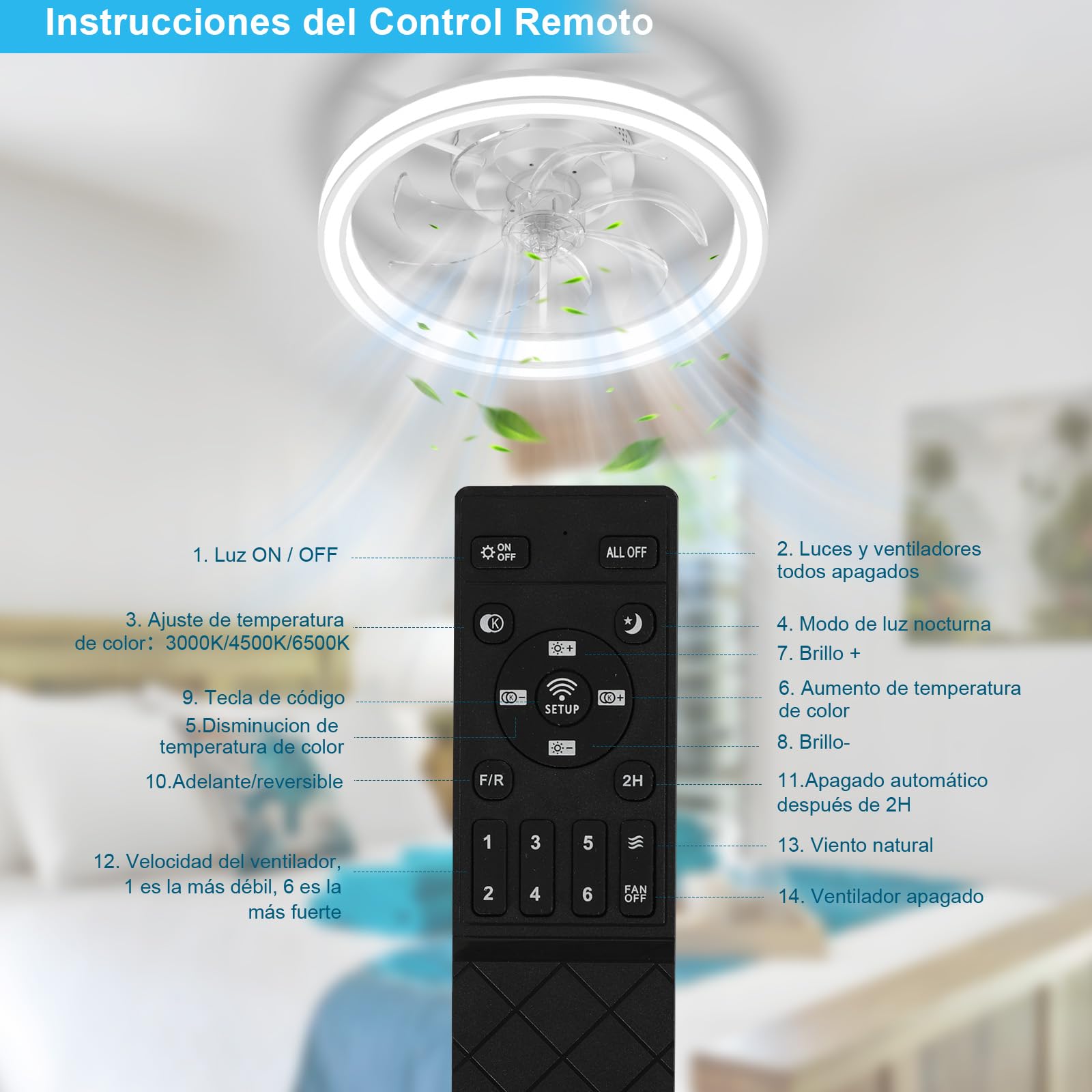Ventilador de Techo con Luz LED 48CM, Lámpara Ventilador Techo con Control Remoto, Motor Silencioso con 6 Velocidades Reversibles, Temporizador, Luz Ventilador Techo Dormitorio, Blanco