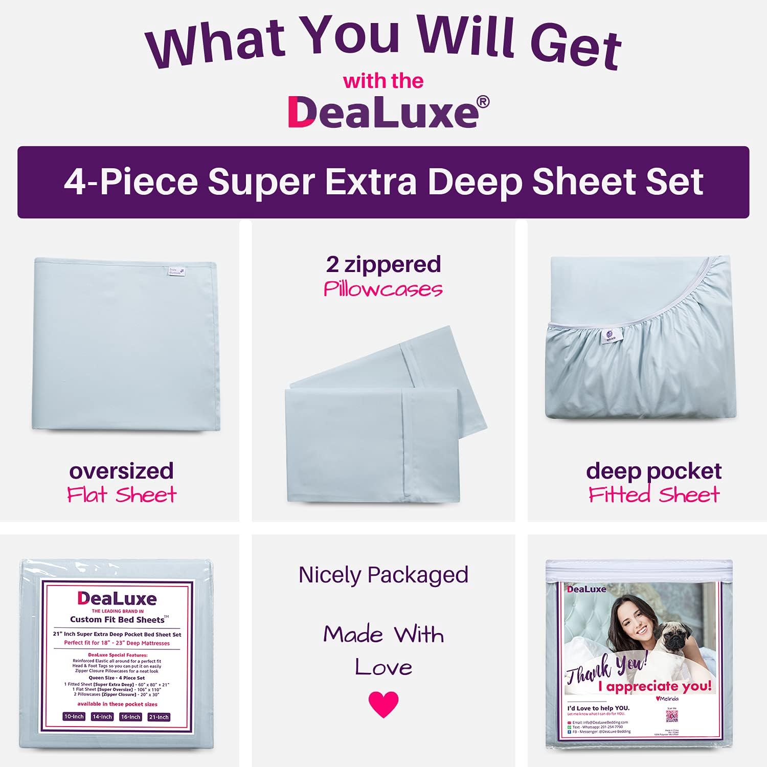 Deep Pocket King Bed Sheets – 4-Piece Includes: Real 16” Inch Extra Deep Pocket Fitted Sheet [Best-Fit for 14”-18 Mattress] – Oversize Flat Sheet – 1 Zipper Closure Pillowcase – Light Baby Blue