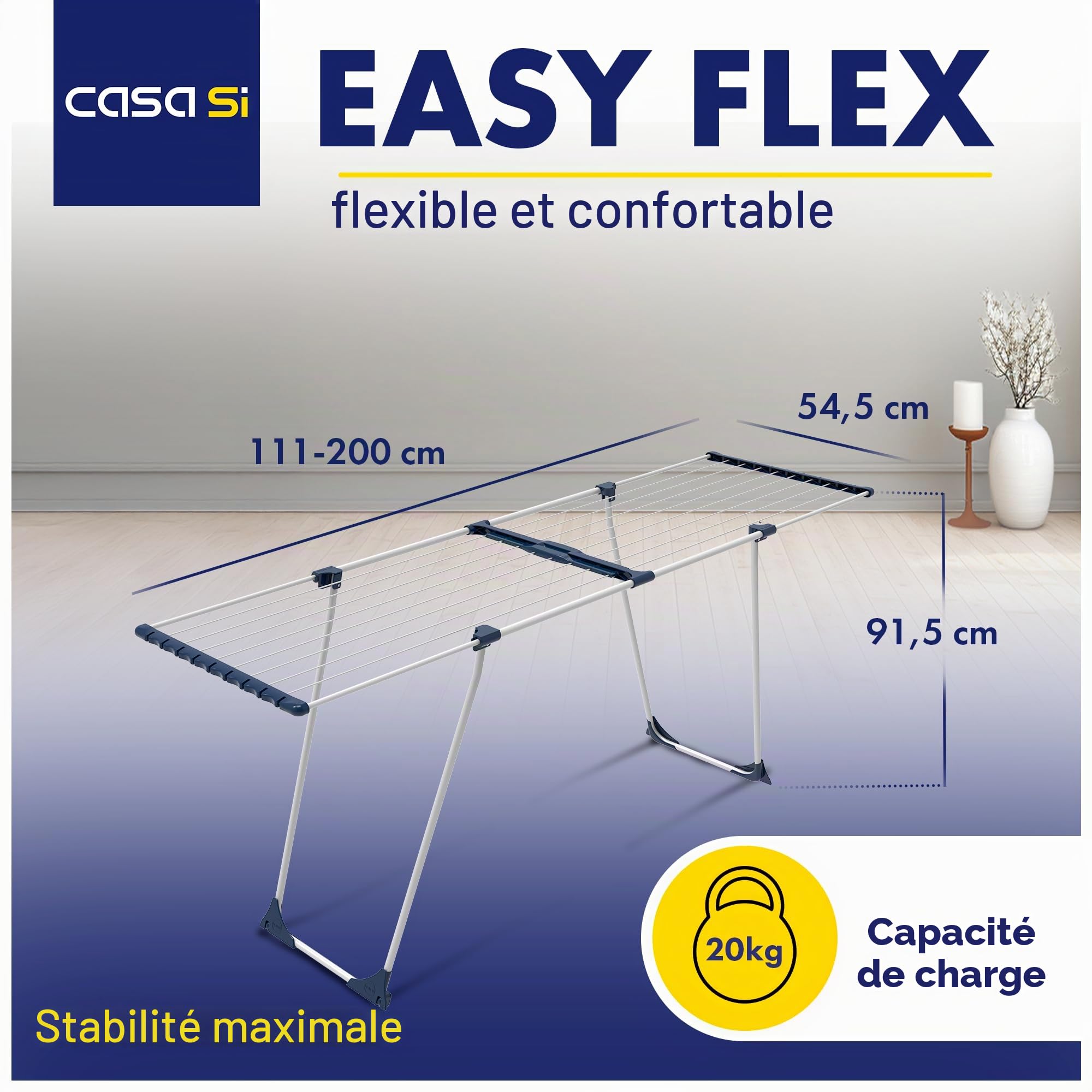 CasaSi® EasyFlex – Étendoir à linge extensible 20 m – extensible et peu encombrant – Étendoir à linge noir en acier allié pour vêtements et serviettes