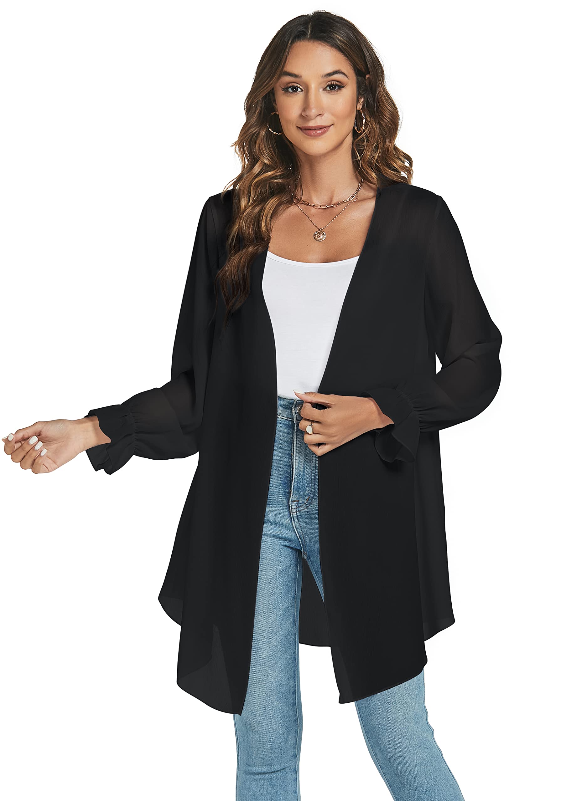 Gilet Long Léger Femme Cardigan Cache Maillots Plage à Manches Longues Ouverte Devant Élégant Veste Kimono
