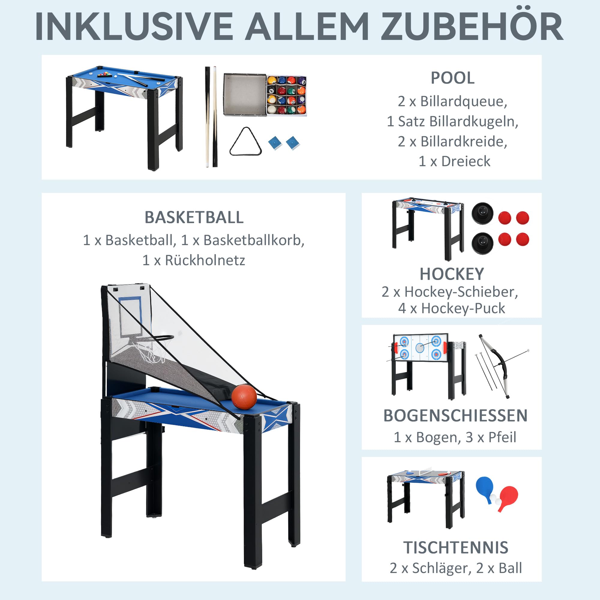 SPORTNOW Multigame stół do gry 5 w 1 z tenisem stołowym, bilardem, hokejem, koszykówką, łucznictwem, stół z akcesoriami, wielofunkcyjny stół dla dorosłych, 91 x 45,5 x 76 cm, czarny + niebieski