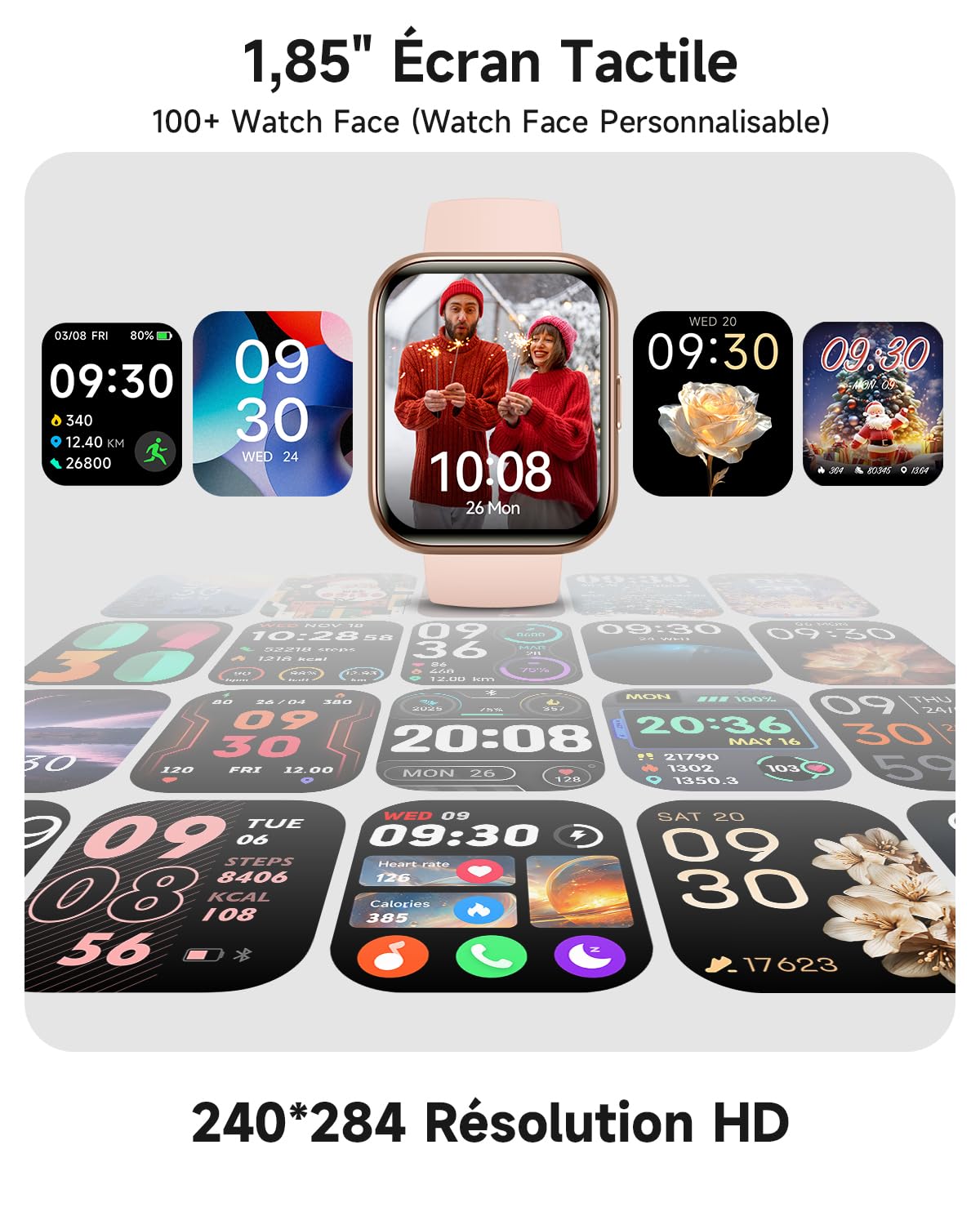 Montre Connectée Femme, 1.85" AMOLED Smartwatch avec Appel, Étanche 3 ATM (Natation), AI Intégrée, Montre Connectée pour 100+ Sport, Cardiofréquencemètre, Sommeil & Calories, SpO2, Samsung/iOS/Android