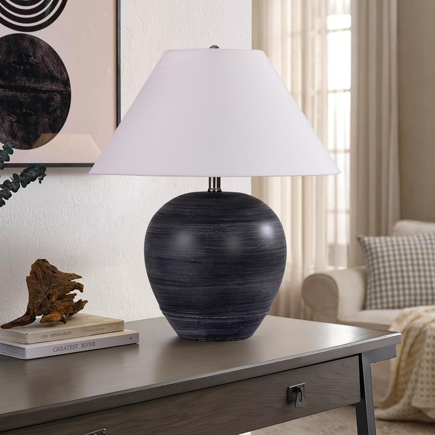 Pia Ricco 21'' Medium Size Black Glossy Ceramic Base Ceramic Basin Table Lamp for Bedroom, Living Room, Dining Room, Office, White Shade,White Striped Black Base