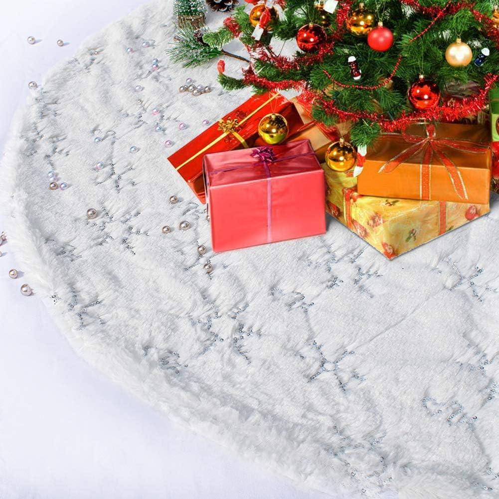 KeyLaLa Christmas Tree Skirt White 48 inches Xmas Large Luxury Silver Snowflake Sequin Faux Fur Snowy Perfect for 4-9 ft Christmas Tree Holiday Party Decorations