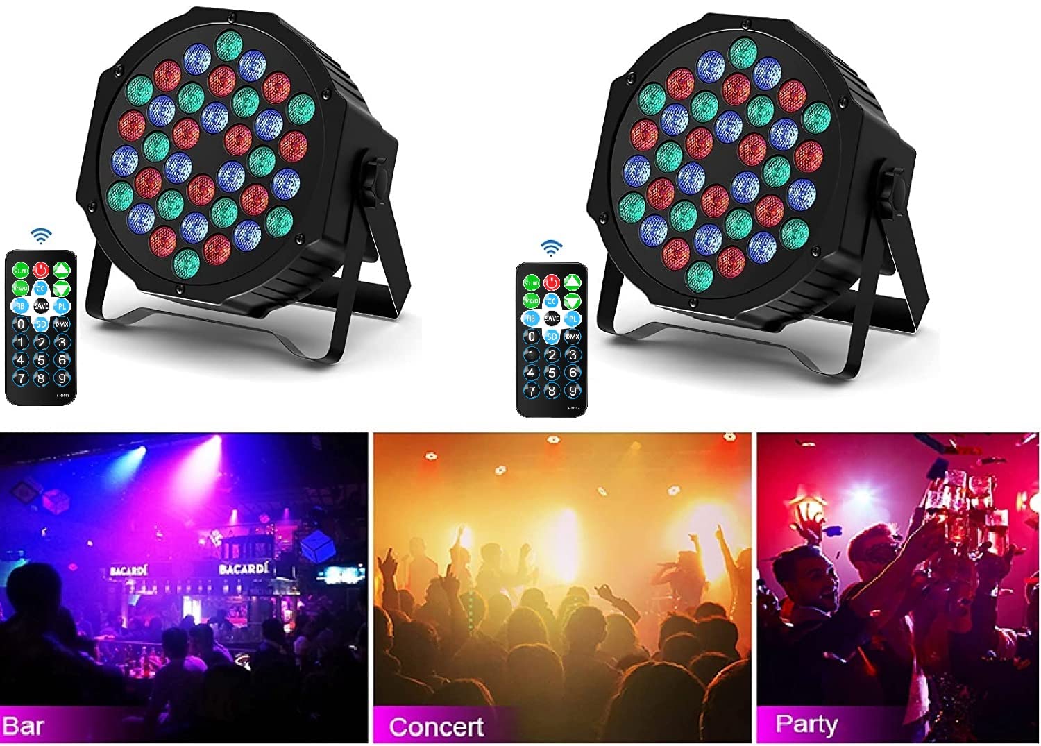 U`King 2 Pack RGB 36 LED Stage Lights with Remote Control, 72W LED Par Can Light Console 7CH Control, 7 Modes Disco Lights for Parties Wedding Club Party Concert Bars Show