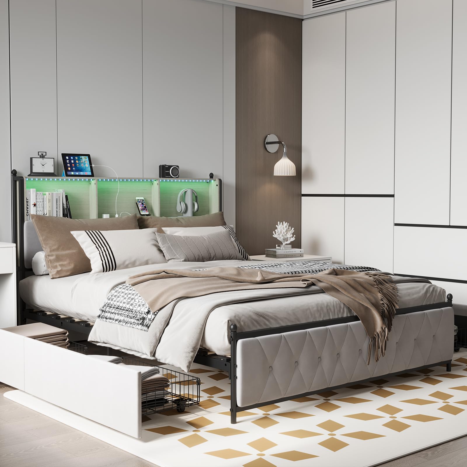 Linnenopbergbed 90x200cm met LED- en USB-poorten - lattenbodem - grijs