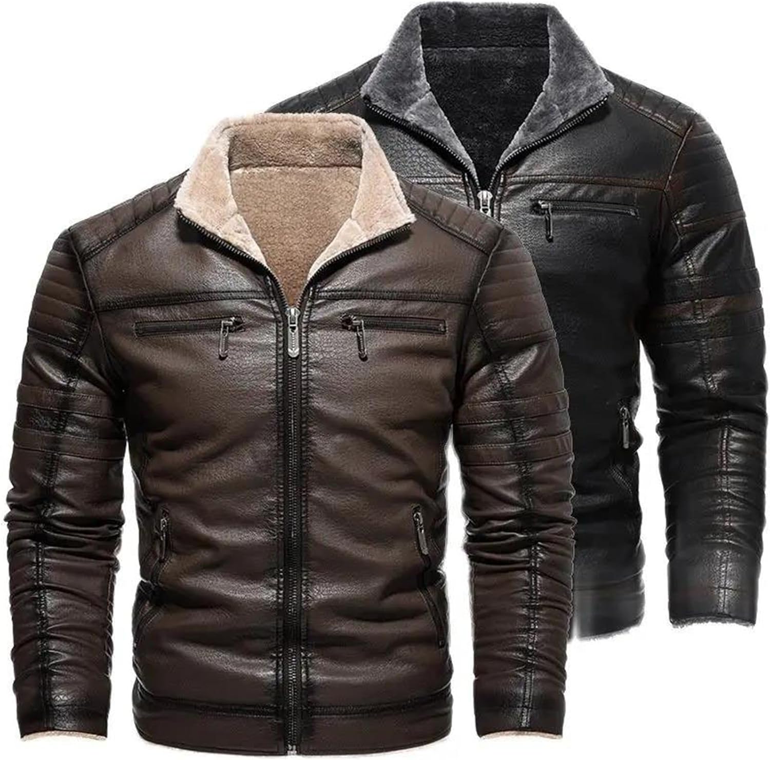 Men’s Classic Motorcycle Faux Leather Jacket Winter Warm Fleece Coat Vintage Zipper Outerwear Casual Biker Style