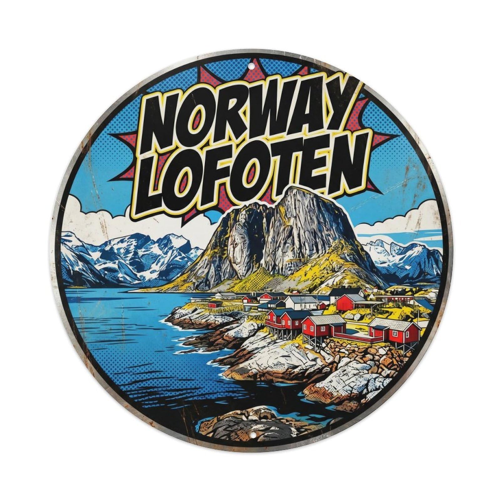 Lofoten Reine Nordic Comic Color Heritage Destination Metal Tin Sign Plaque Wall Decor for Cafe, Man Cave, Club Bar, Office, Home Garden Round Metal Poster 8x8Inch
