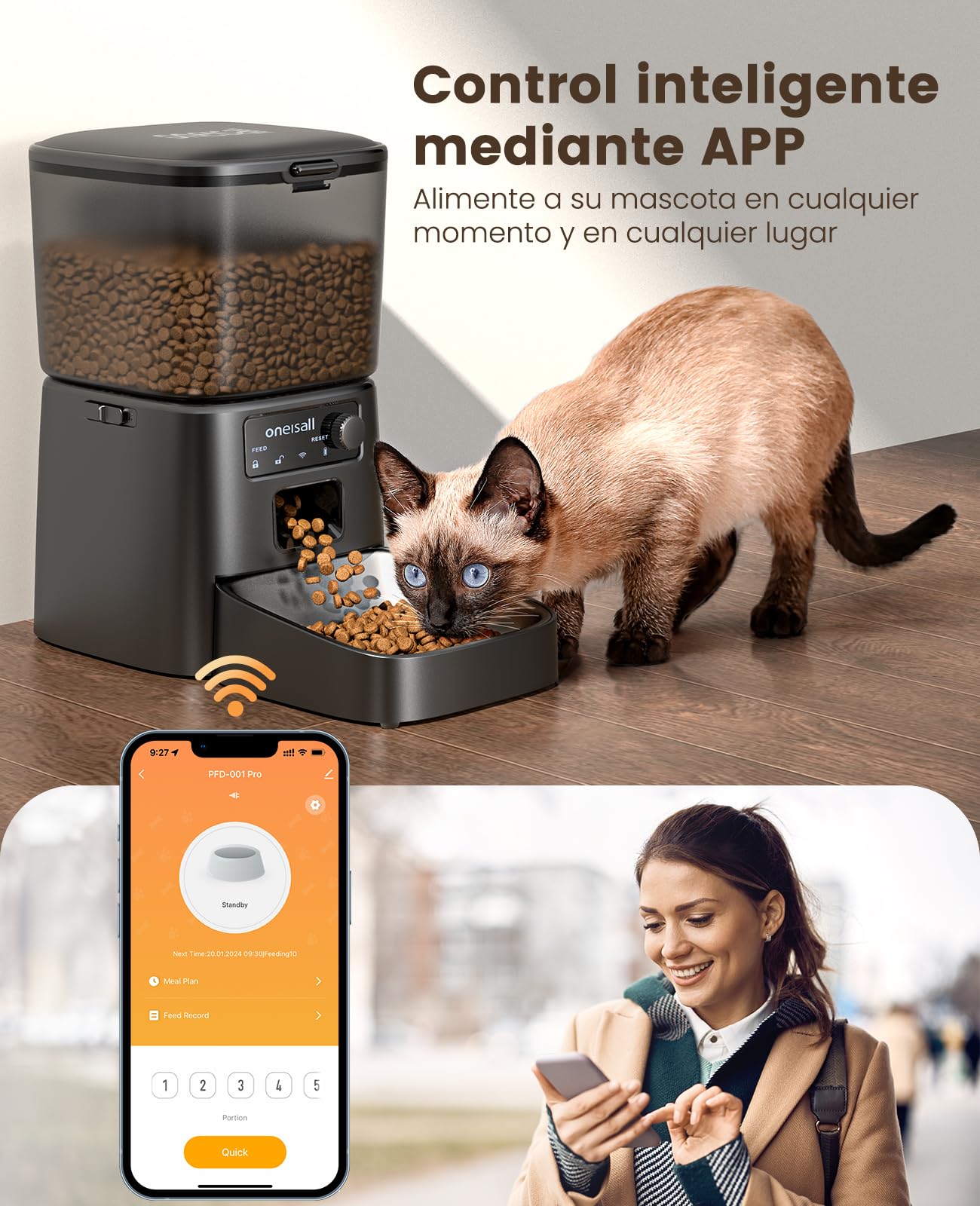 oneisall 3.5L Comedero automático para Gatos, Comedero Inteligente WiFi para Gatos, Control App, 1-10 Comidas al día, Dispensador de Comida para Gato/Perro, con Cuenco de Acero Inoxidable