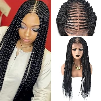 Braided Wigs For Black Women 31 Long Cornrow Wigs For African American Women 6 1/2"x13" Swiss Lace Front Box Braided Wigs Light Weight Twist Box Braid Wig 1B#