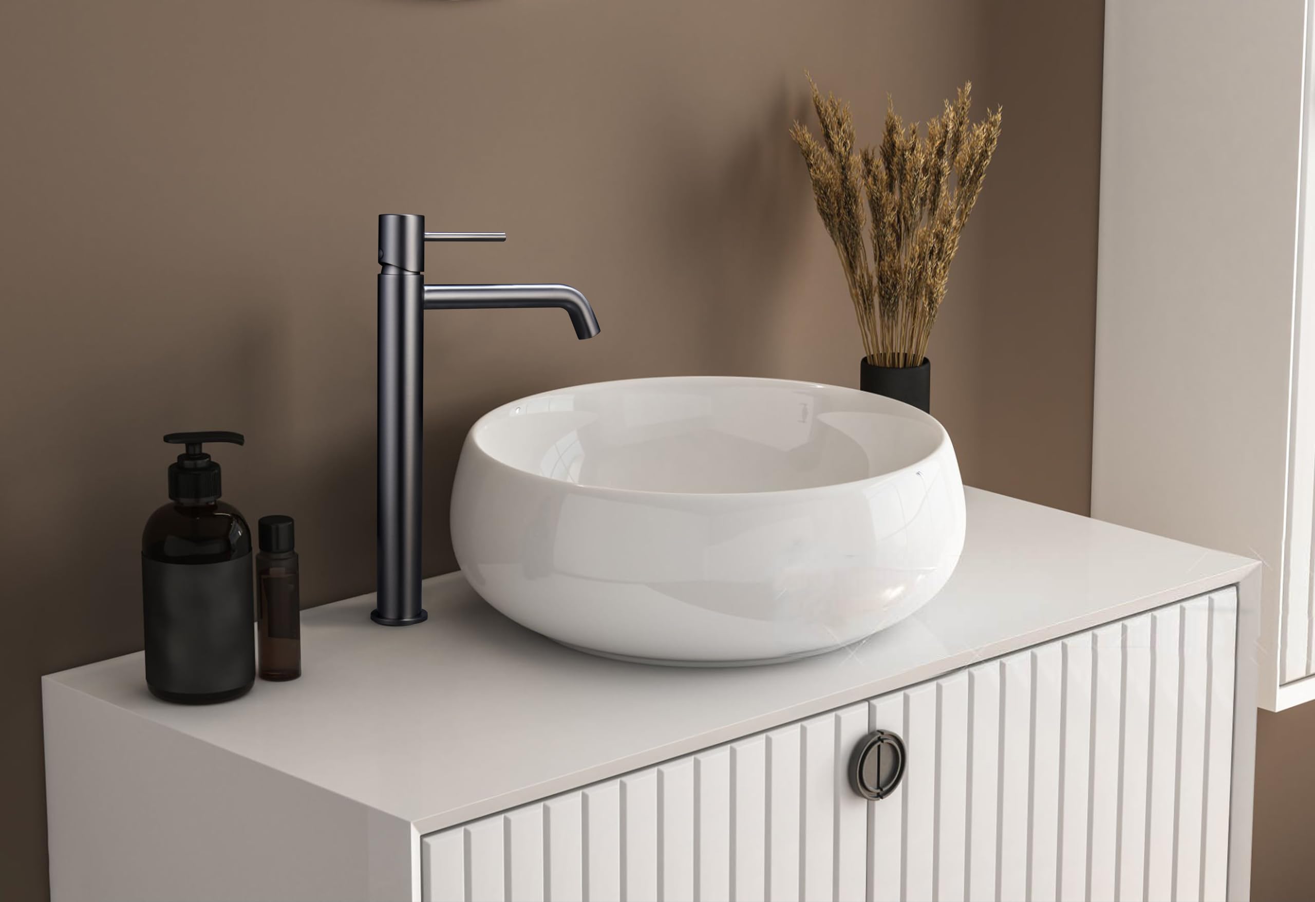 Grifo monomando de lavabo caño alto fabricado en latón - Griferia baño para lavabos (Gun Metal)