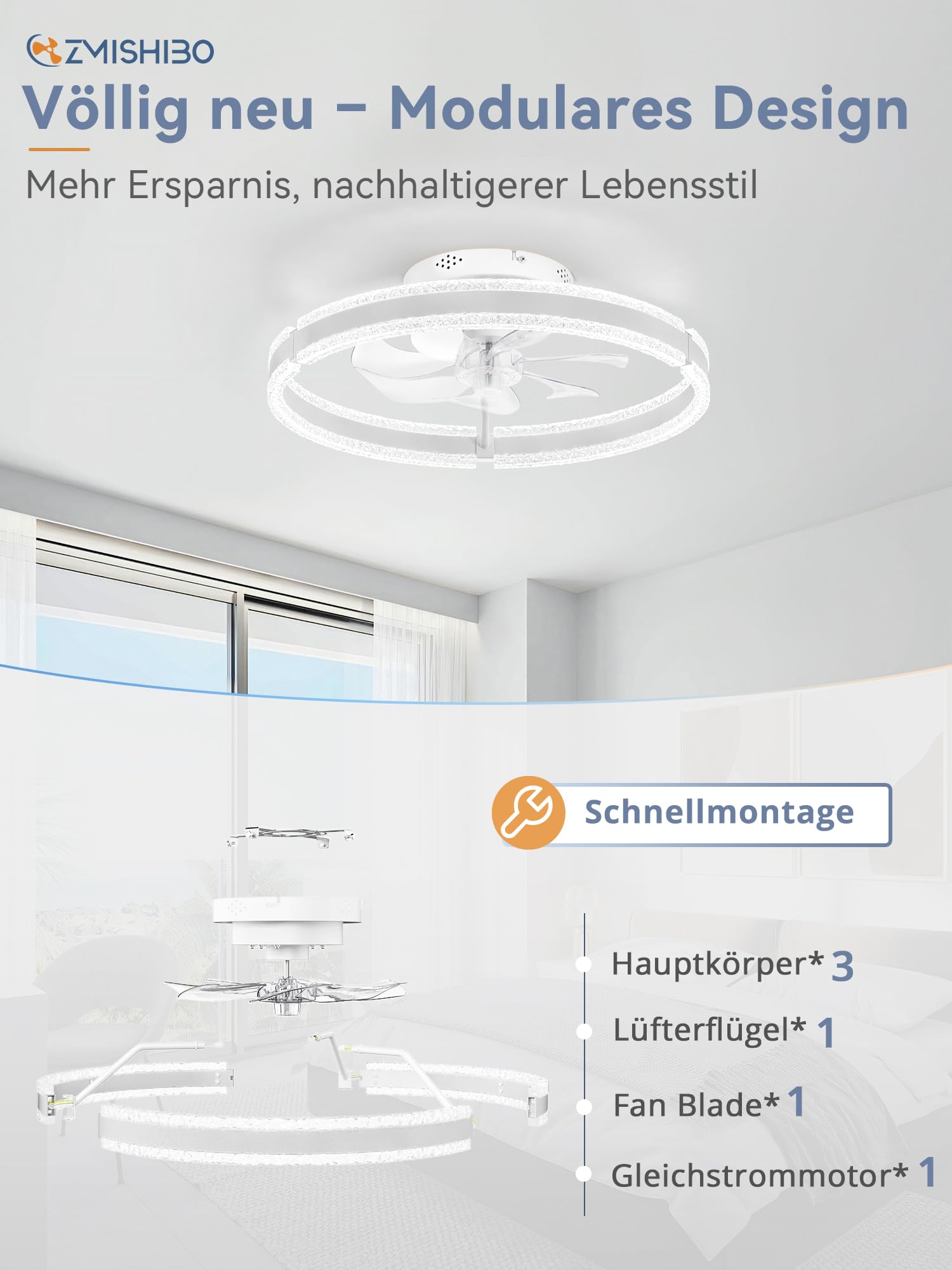 ZMISHIBO 51 cm Deckenventilator mit Beleuchtung,(weiß), Doppelring LED, APP & Fernbedienung, 6 Geschwindigkeiten, Vorwärts-/Rücklauf, 3000K-6000K dimmbar 10%-100%, Memory-Funktion, 2H Timer