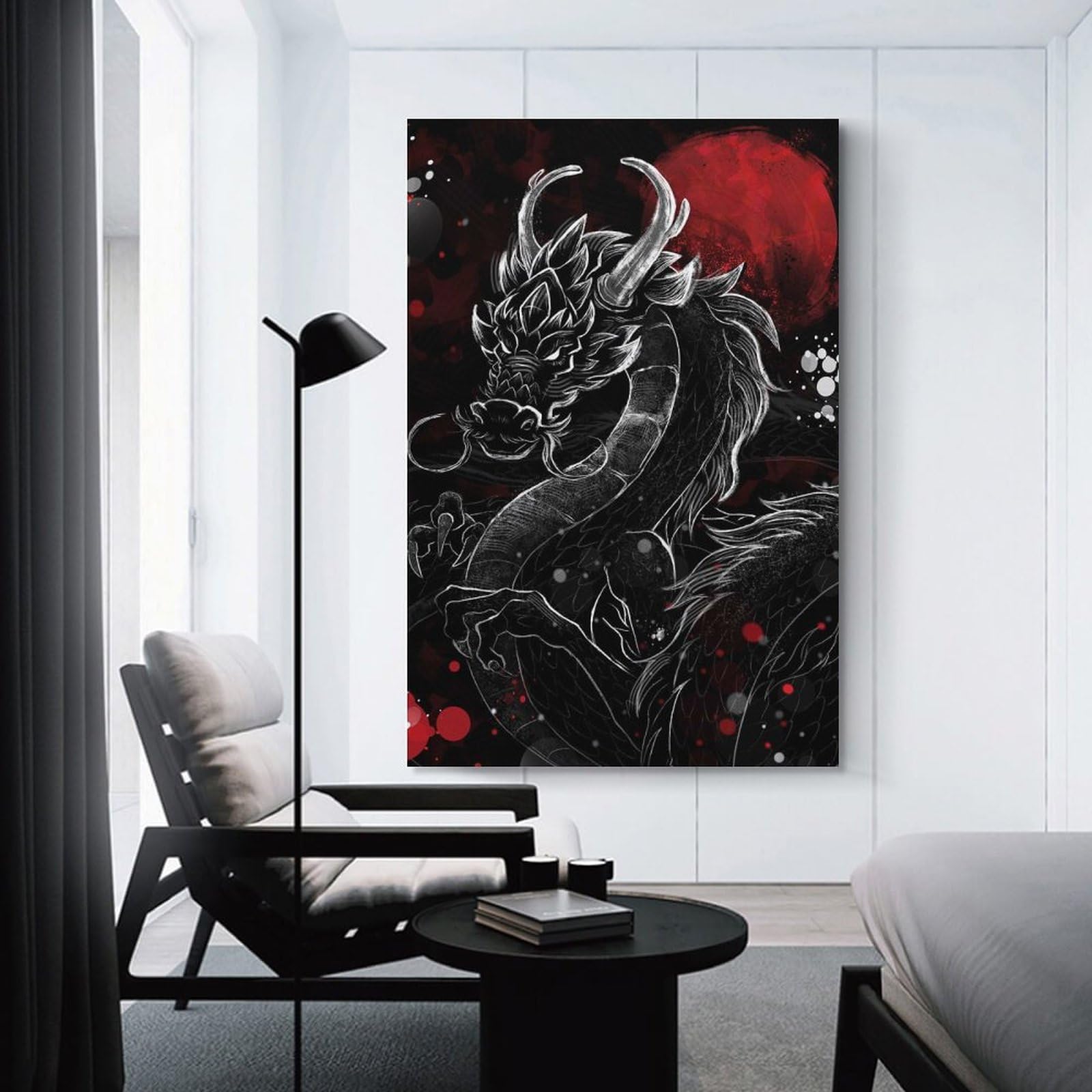 Junmoney Dragon with Red Moon Digital Art Hanging Wall Art, 24x36inch(60x90cm), for Bedroom Walls, Guest Spaces Or Lounges, An Easy Wall Refresh for Bedrooms