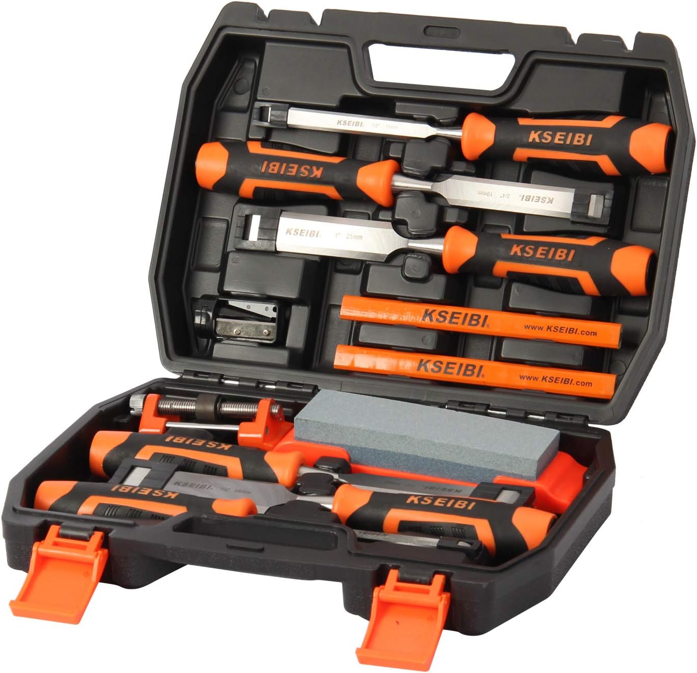KSEIBI Wood Chisel Set, Woodworking Carving Tools Kit with 6 Piece Chisels, Sharpening Stone, Honing Guide, Carpenter Pencil, Sharpener, Storage Case, 12-Piece (312137)