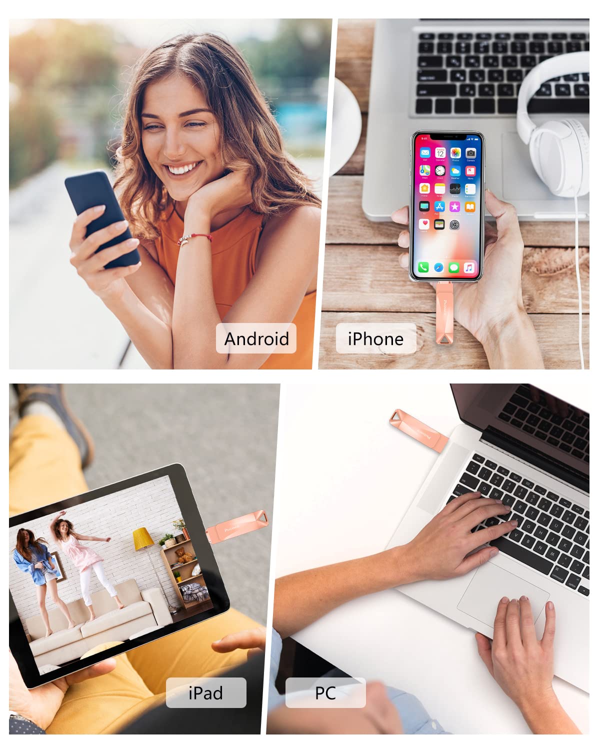 Chiavetta USB per iPhone 512GB [MFi Certified] Patianco USB 3.0 Pendrive per Lightning Chiave USB C Photostick 3 in 1 Pennetta Backup con un Solo Clic per iPhone/iPad/Android/Mac/PC (512GB,Rosa)