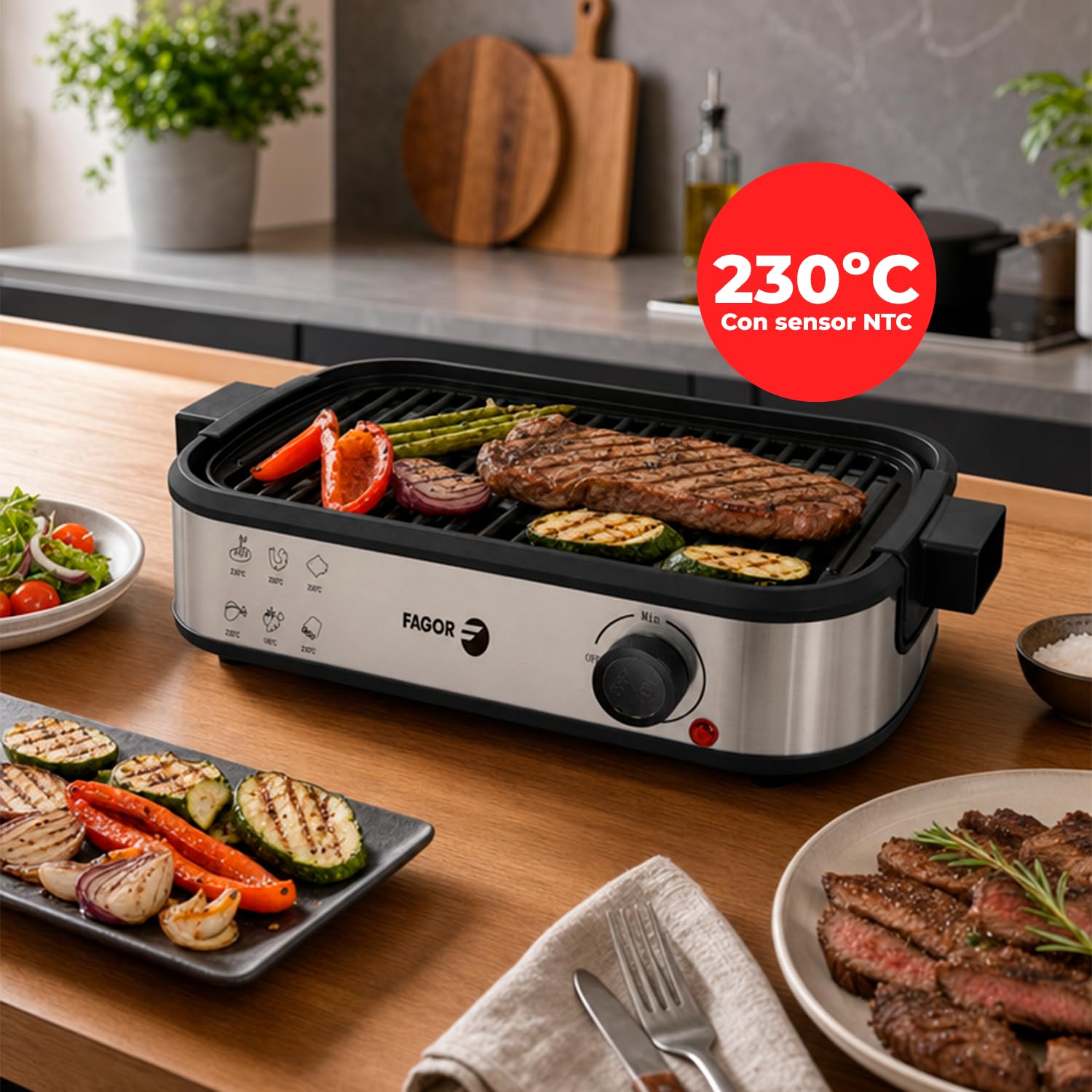 FAGOR SmokeLess Plancha de Asar Eléctrica XL 2000 W con Extractor de Humos