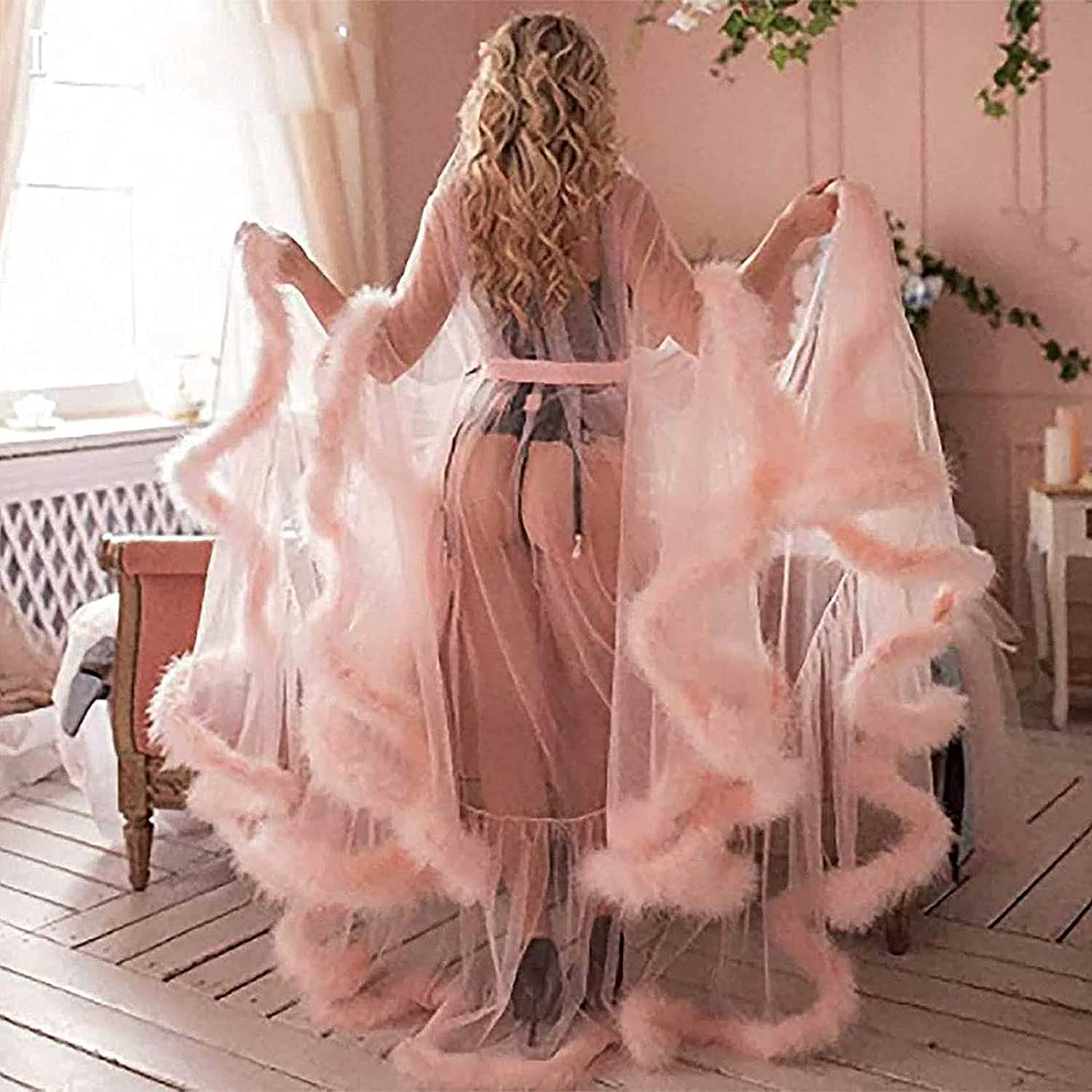 MIAOXIAO Lencería de Mujer Bata Transparente Ropa de Dormir de Plumas Sexy Vestido Largo de Encaje Kimono Bata de Noche Recorte de Plumas Tul Hoja de Loto Bata de Manga Larga,Negro,M