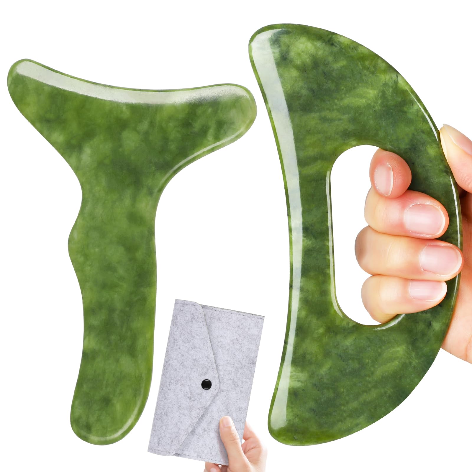 CekPo 2 in 1 Jade Stone Gua Sha Massage Tool, Large Guasha Muscle Scraper Tools Set with Handle Muscle Scraping Massage Tools Anti Cellulite Spa