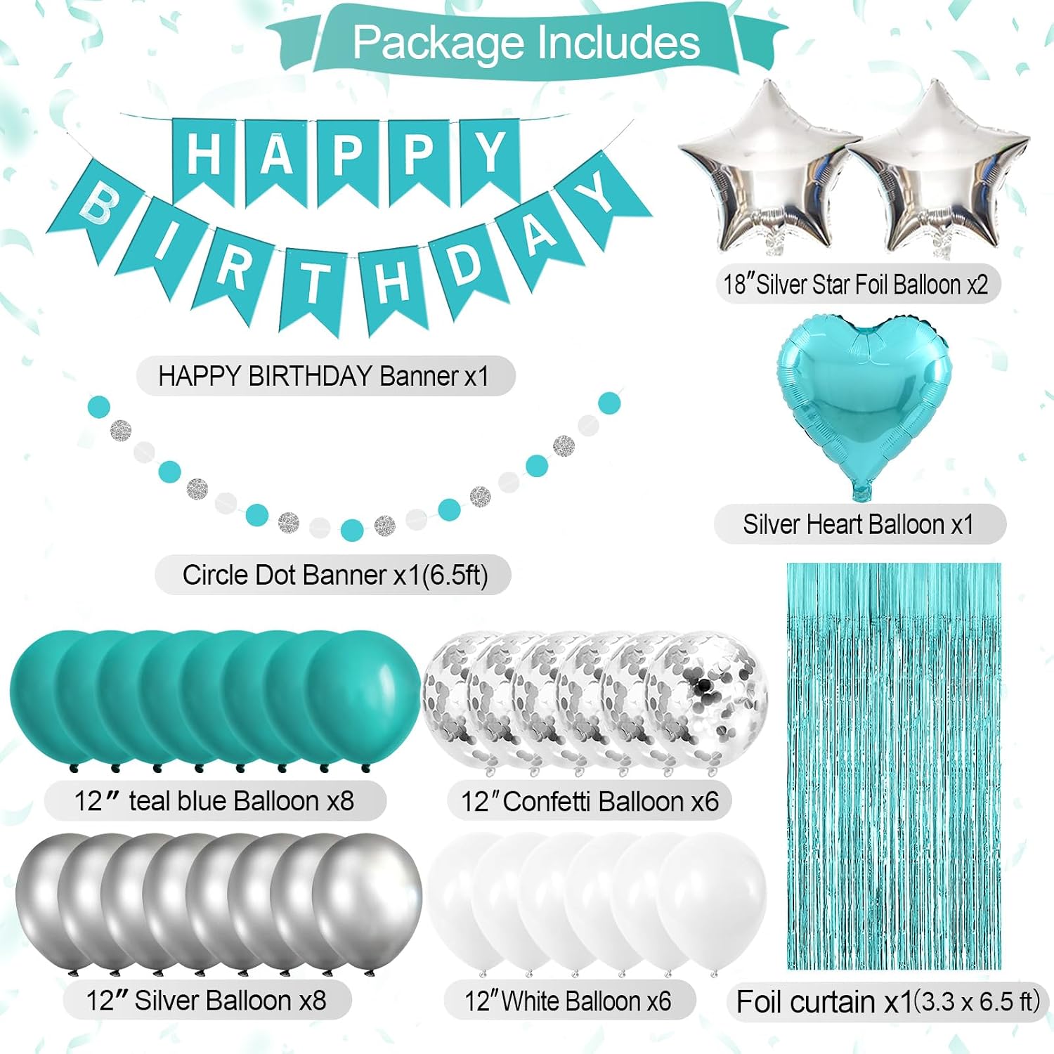 Iyosll Teal Blue and Silver Birthday Party Decorations Happy Birthday Banner Turquoise Aqua Teal Balloons Tissue Pom Poms Foil Fringe Curtain Décor Supplies for Women Girls boys men image 2