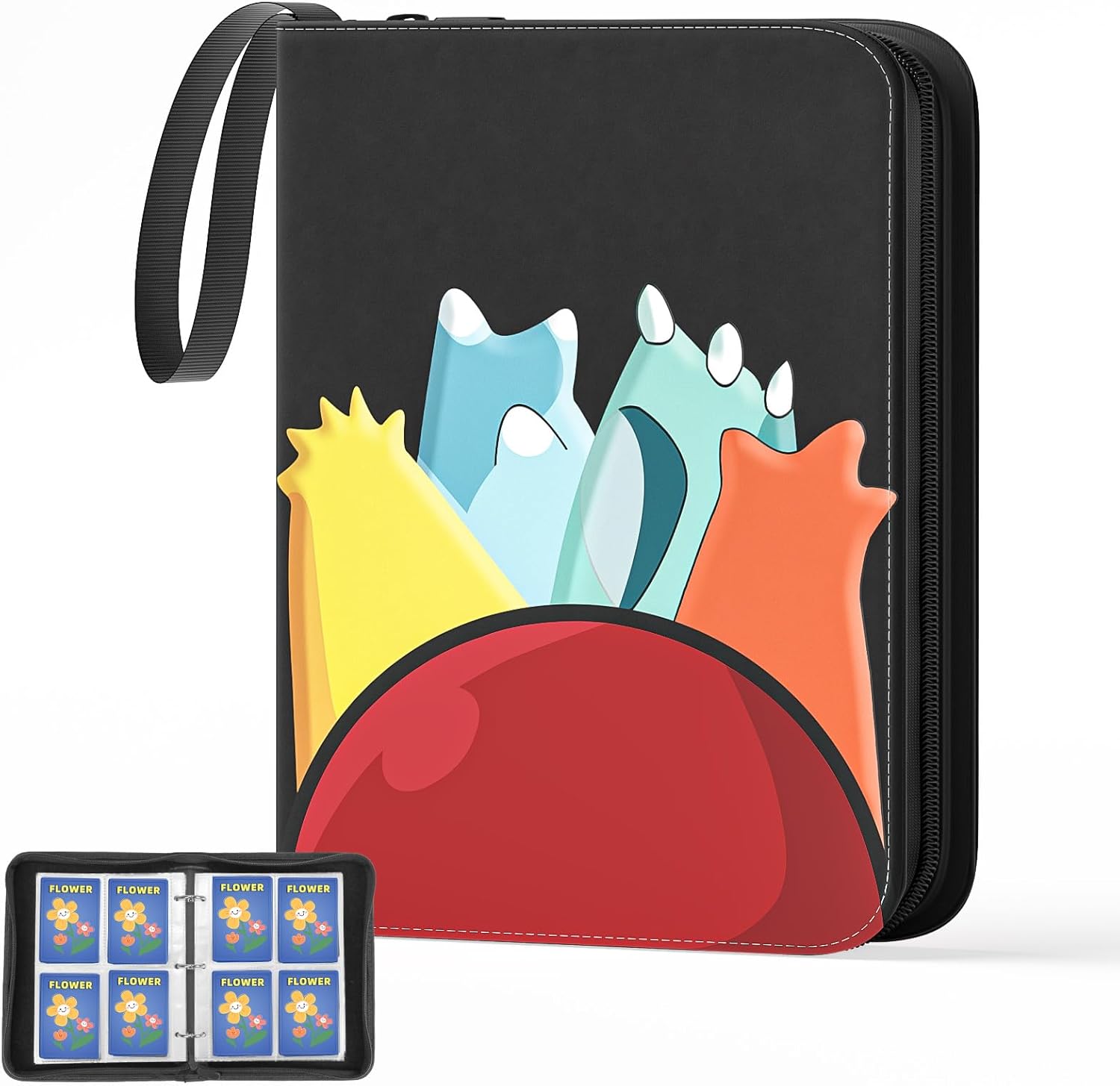 vhbw 4-Pocket Card Binder with 55 Removable Sleeves – Holds 440 Trading Cards, Zippered Carrying Case with Wrist Strap, Portable 3-Ring Holder Album for Standard TCG & Sports Cards