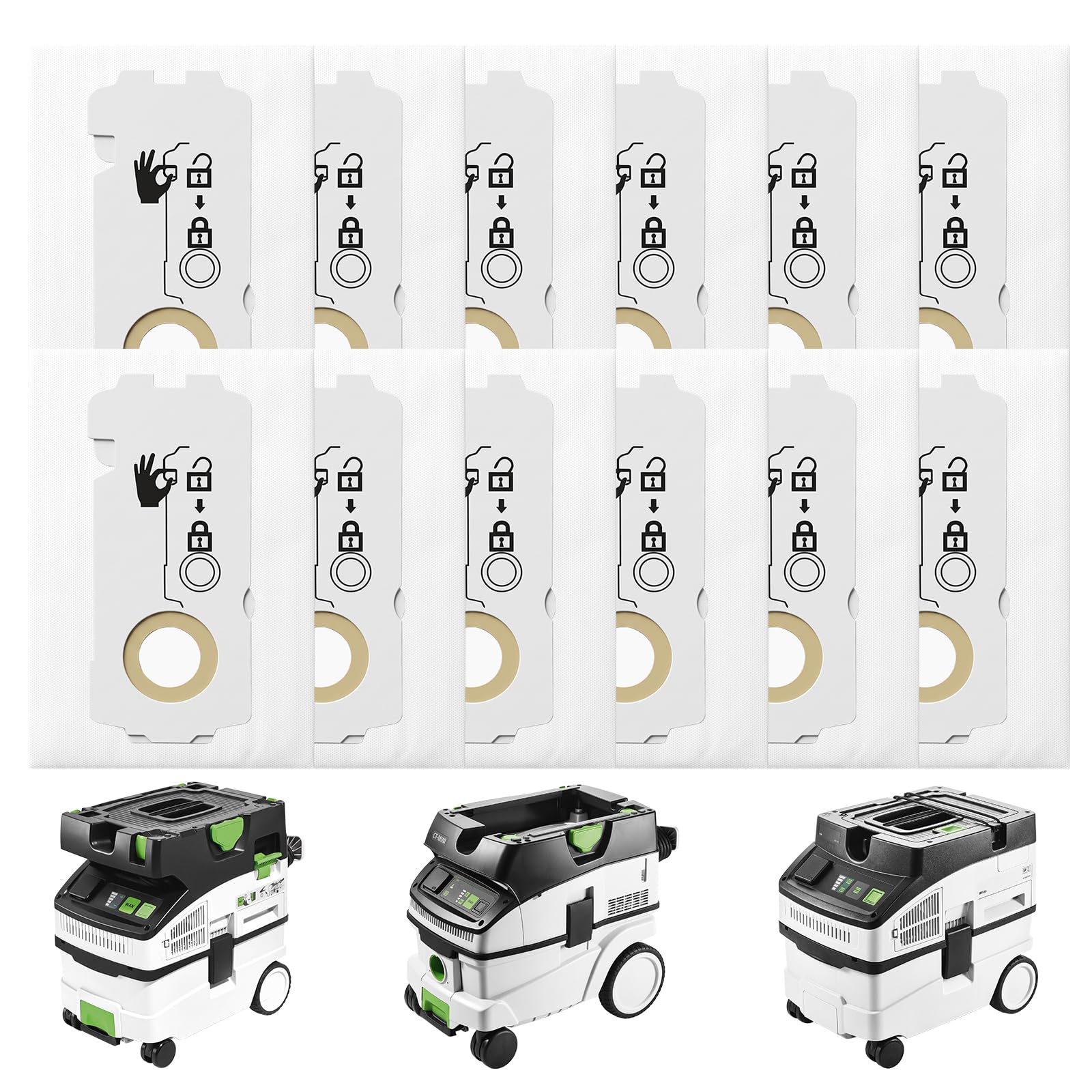 12 sztuk worków filtrujących SELFCLEAN SC-FIS-CT MINI/MIDI-2/5, kompatybilne z workami Festool CT Mini/CT Midi/CT Midi I/CTC Mini/Midi/CT 15, od roku produkcji 2019