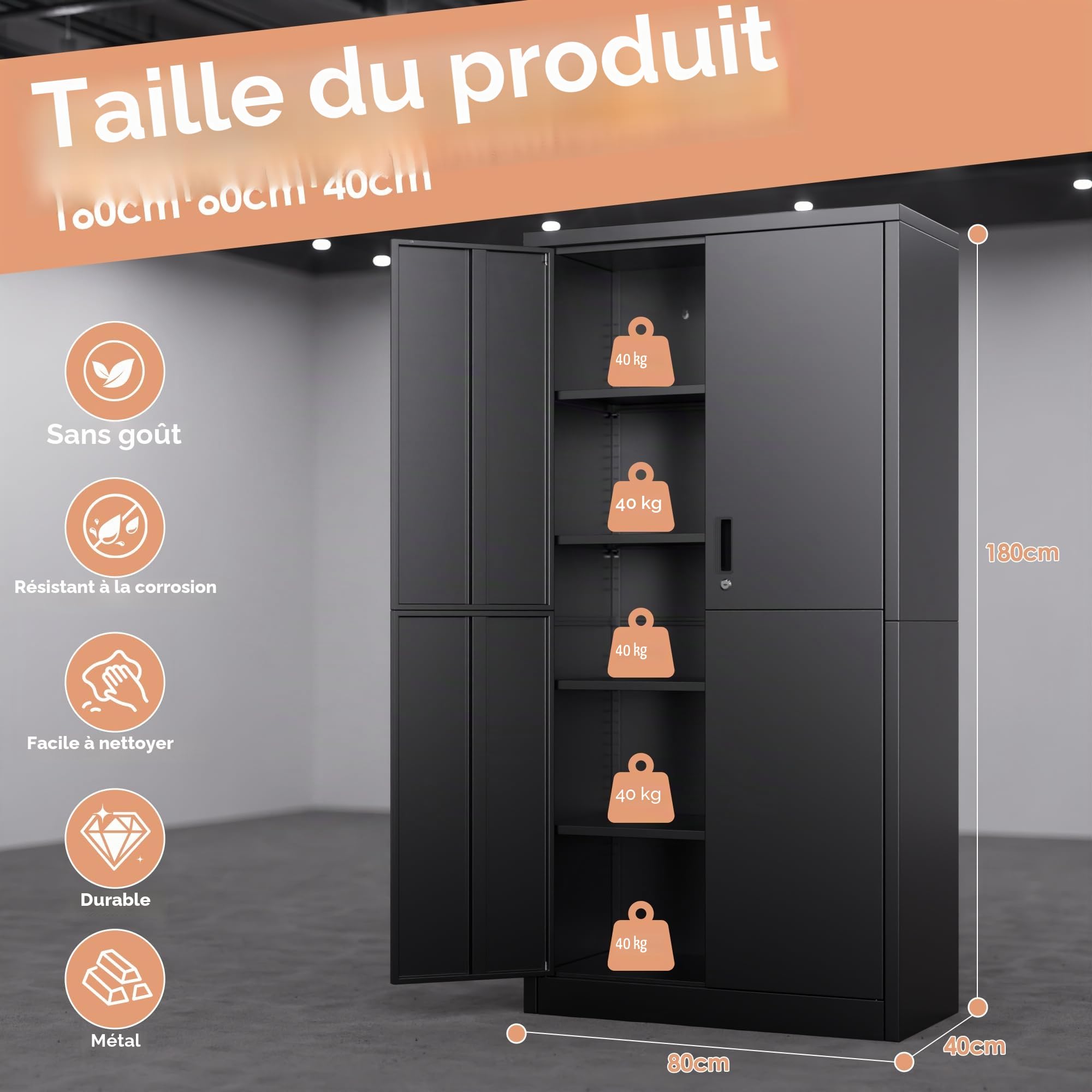 Armoire de rangement multi-usages en acier - Armoire de rangement verrouillable avec 2 portes - 180 x 80 x 40 cm - Armoire à outils - Étagères réglables - Pour garage, bureau, salon - Noir