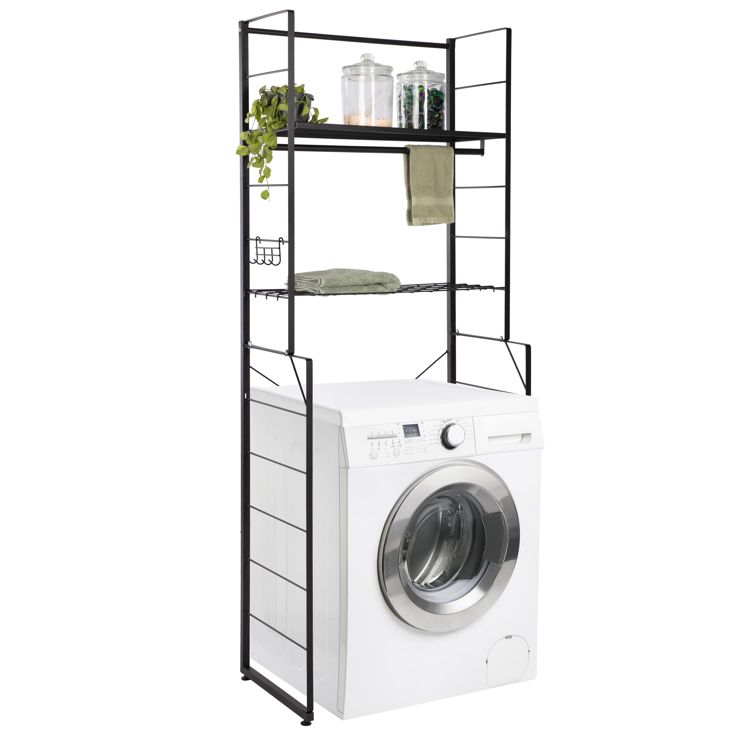 ONVAYA® Waschmaschinenregal ǀ schwarz ǀ mit Kleiderstange und 4 Haken ǀ ideal über Waschmaschine, Trockner oder WC ǀ Toilettenregal aus Metall