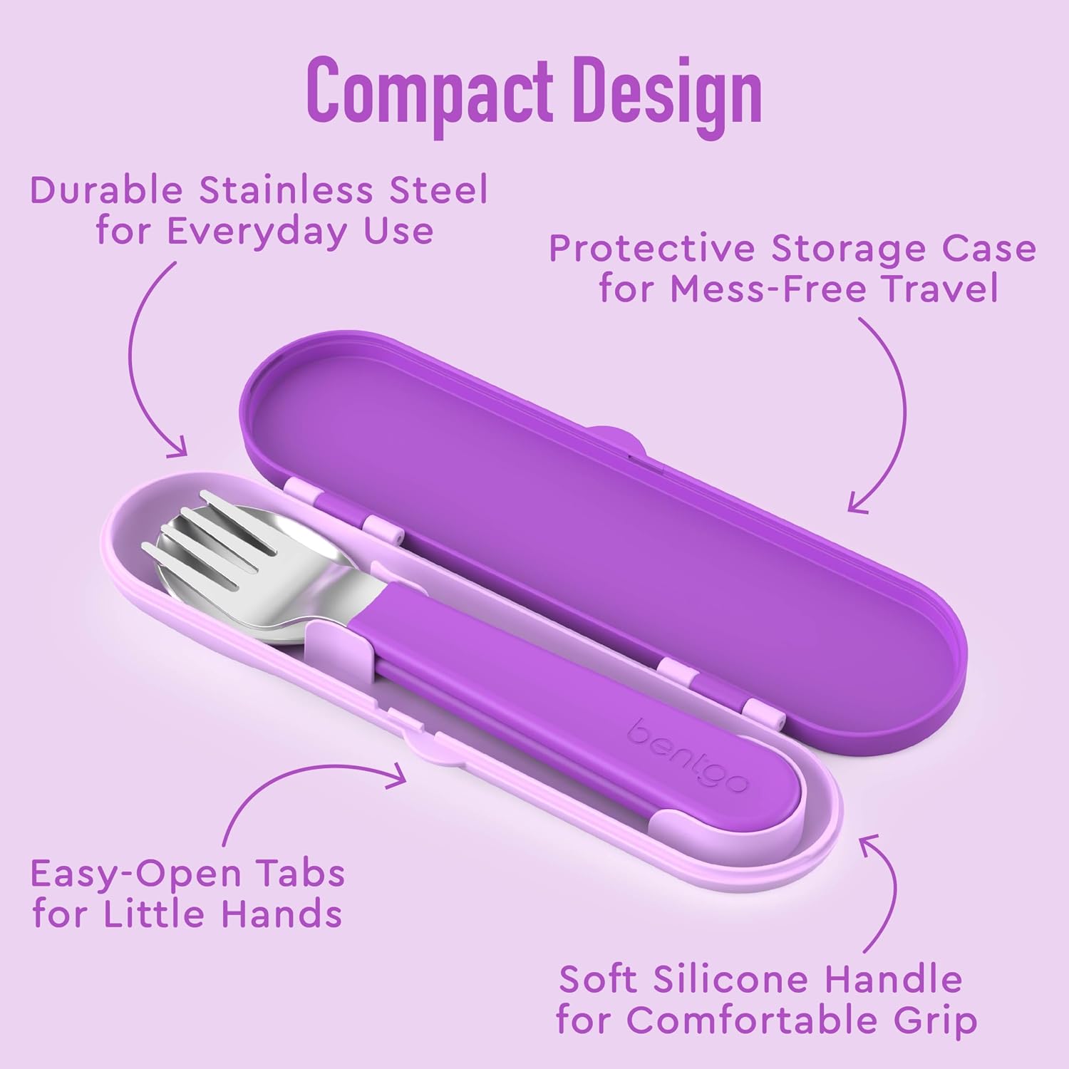 Bentgo Kids Plastic Utensil Set with Fork, Spoon, & Storage Case | Reusable, PFAS- & BPA-Free, Easy-Grip Handles, Lightweight, Dishwasher Safe, School, Travel & On-the-Go (Purple)